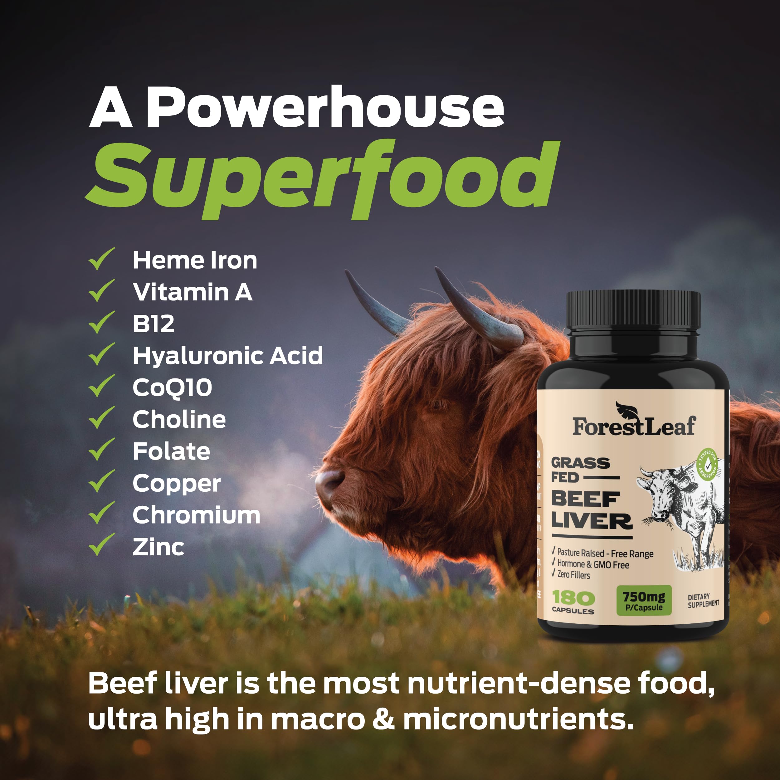 ForestLeaf Beef Liver Capsules showing dosage instructions