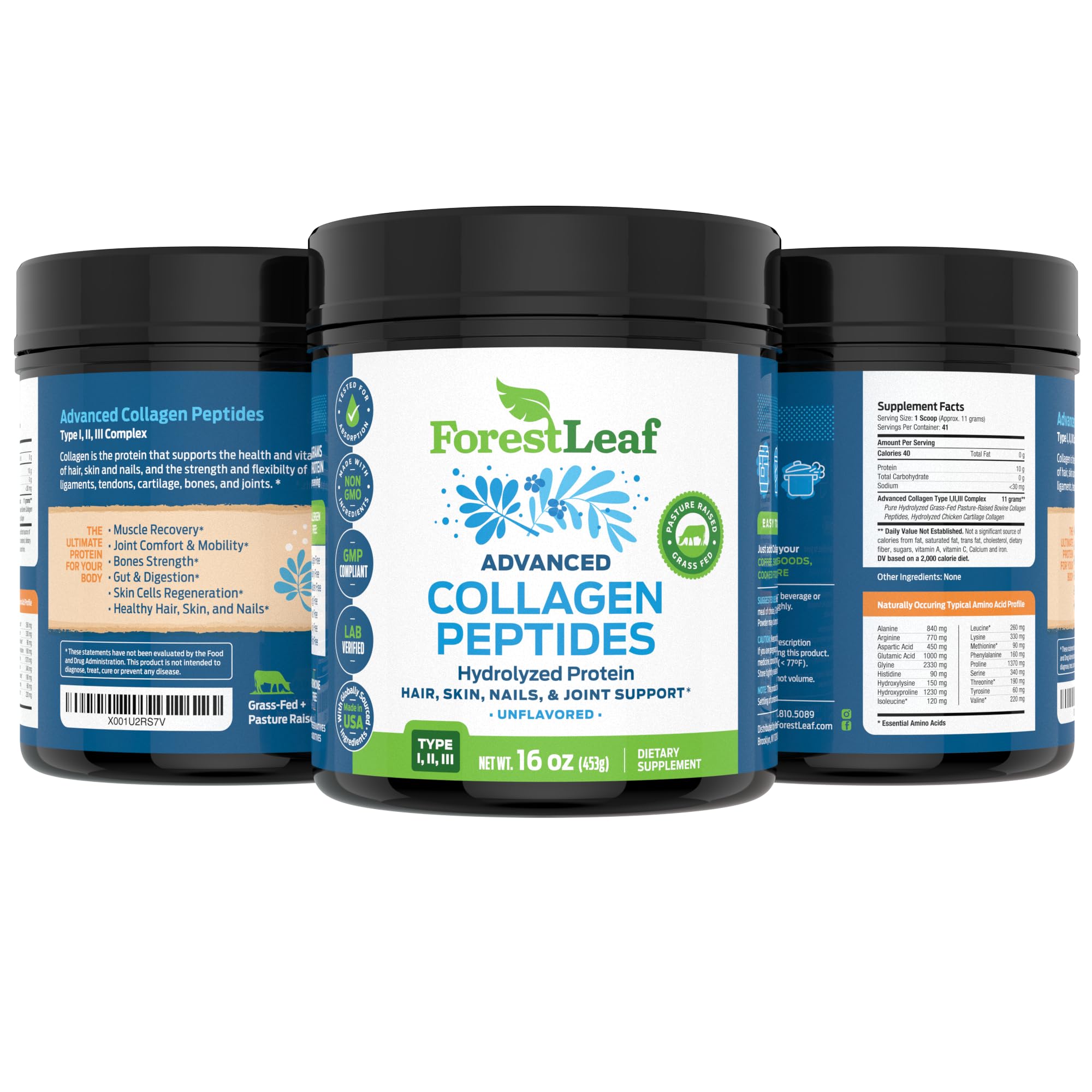 ForestLeaf Collagen Powder 558g with a measuring scoop