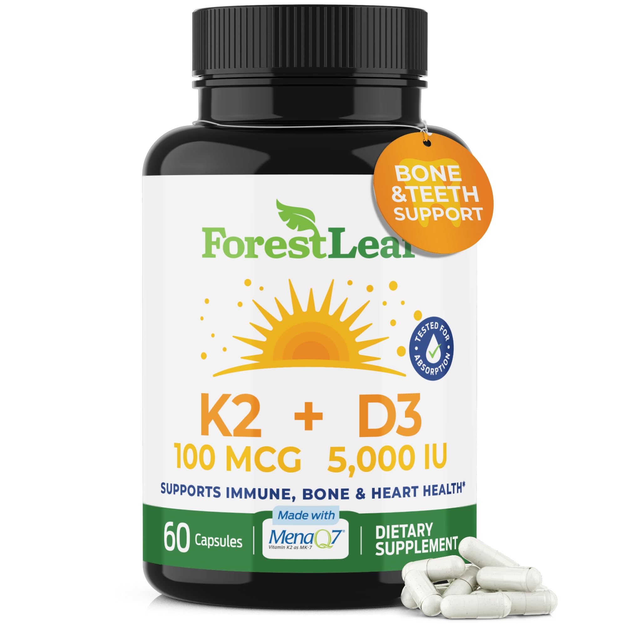 ForestLeaf D3 + K2 Supplement 5000iu 100mcg capsules front view