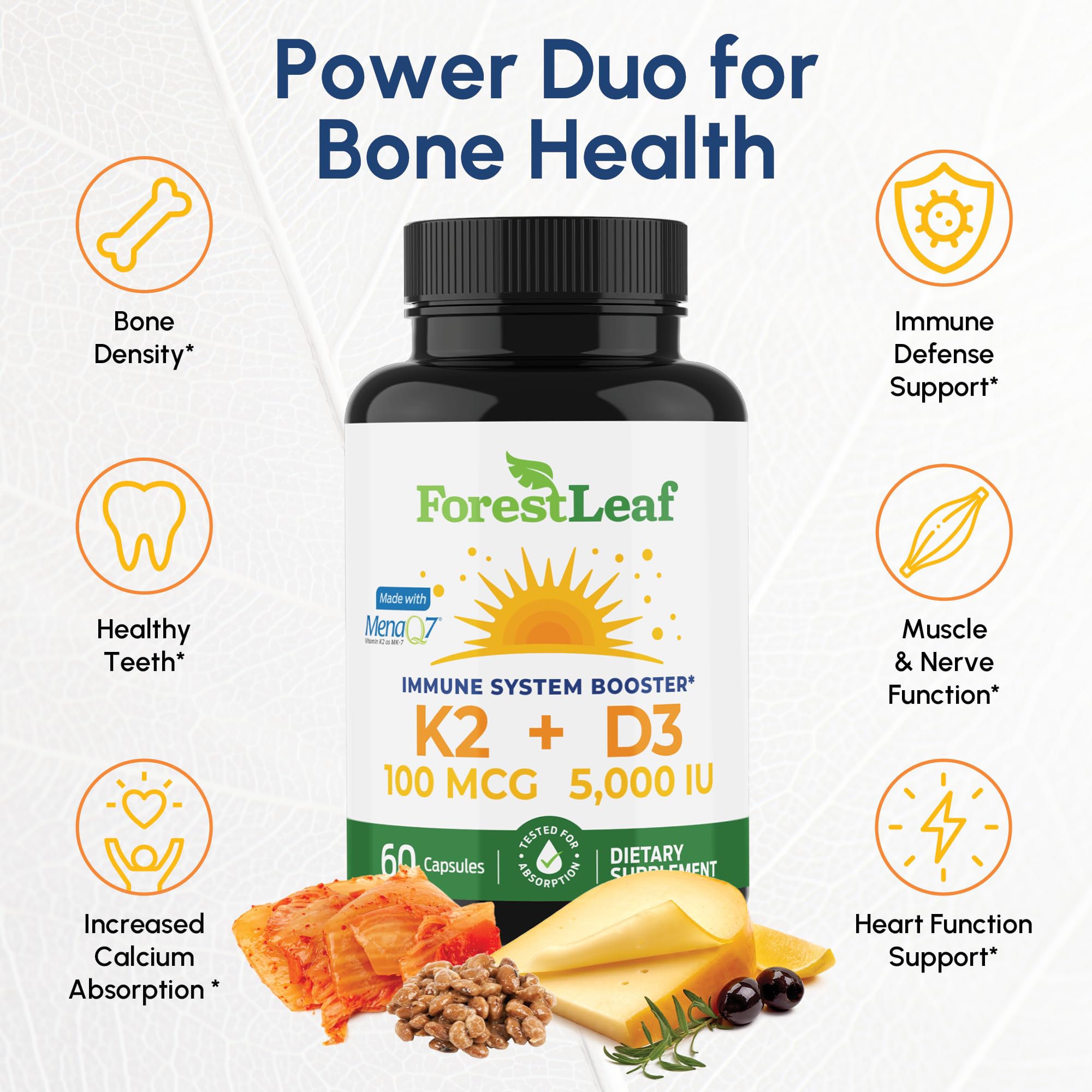 ForestLeaf D3 + K2 Supplement capsules on a wooden table