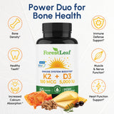 ForestLeaf D3 + K2 Supplement capsules on a wooden table