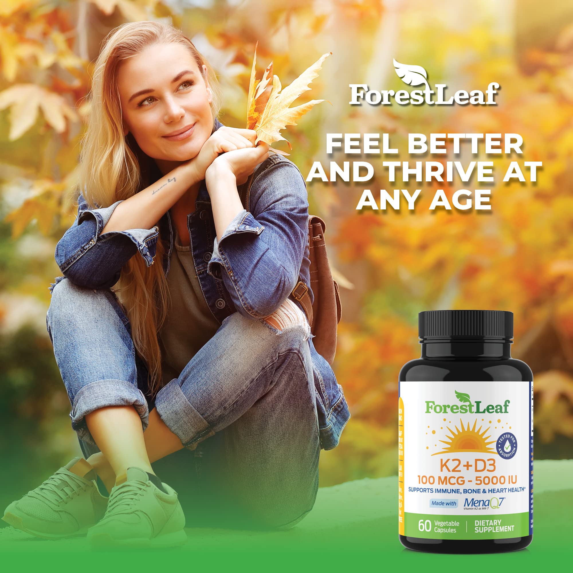 ForestLeaf D3 + K2 Supplement capsules with a measuring spoon