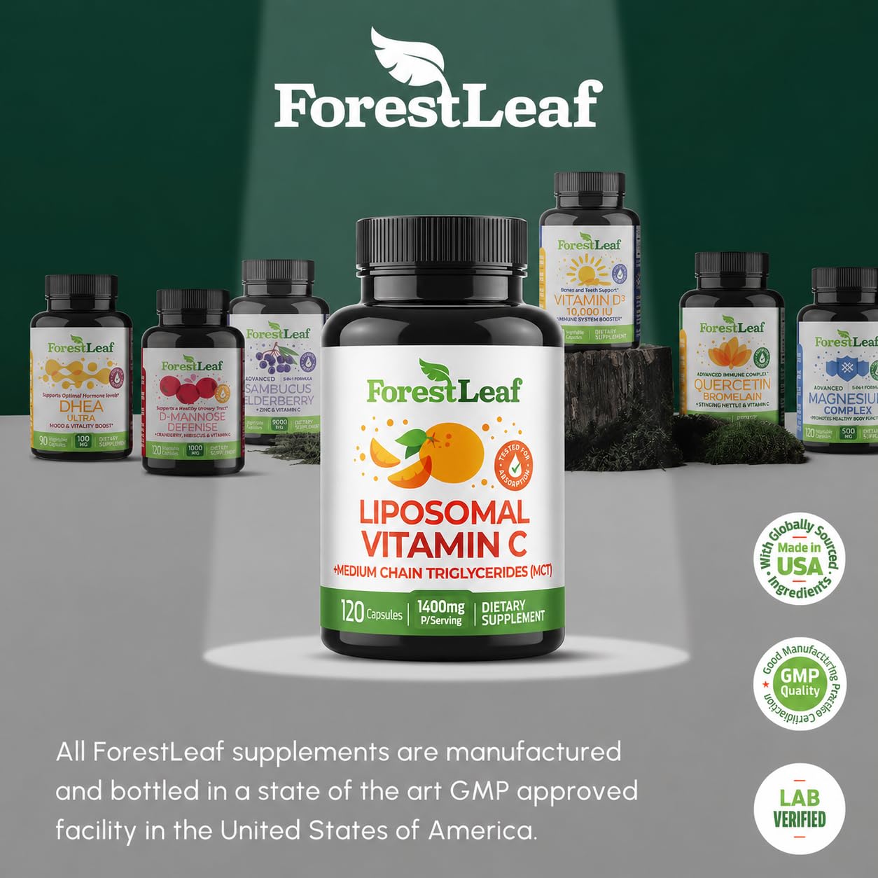 ForestLeaf Liposomal Vitamin C bottle with a measuring spoon