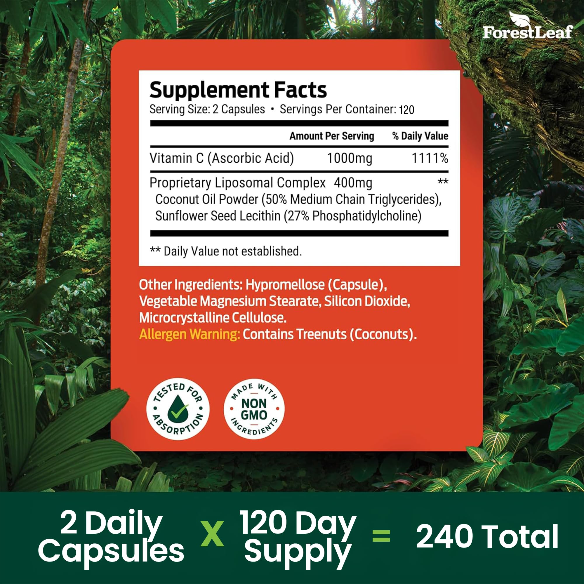 ForestLeaf Liposomal Vitamin C capsules with ingredients list