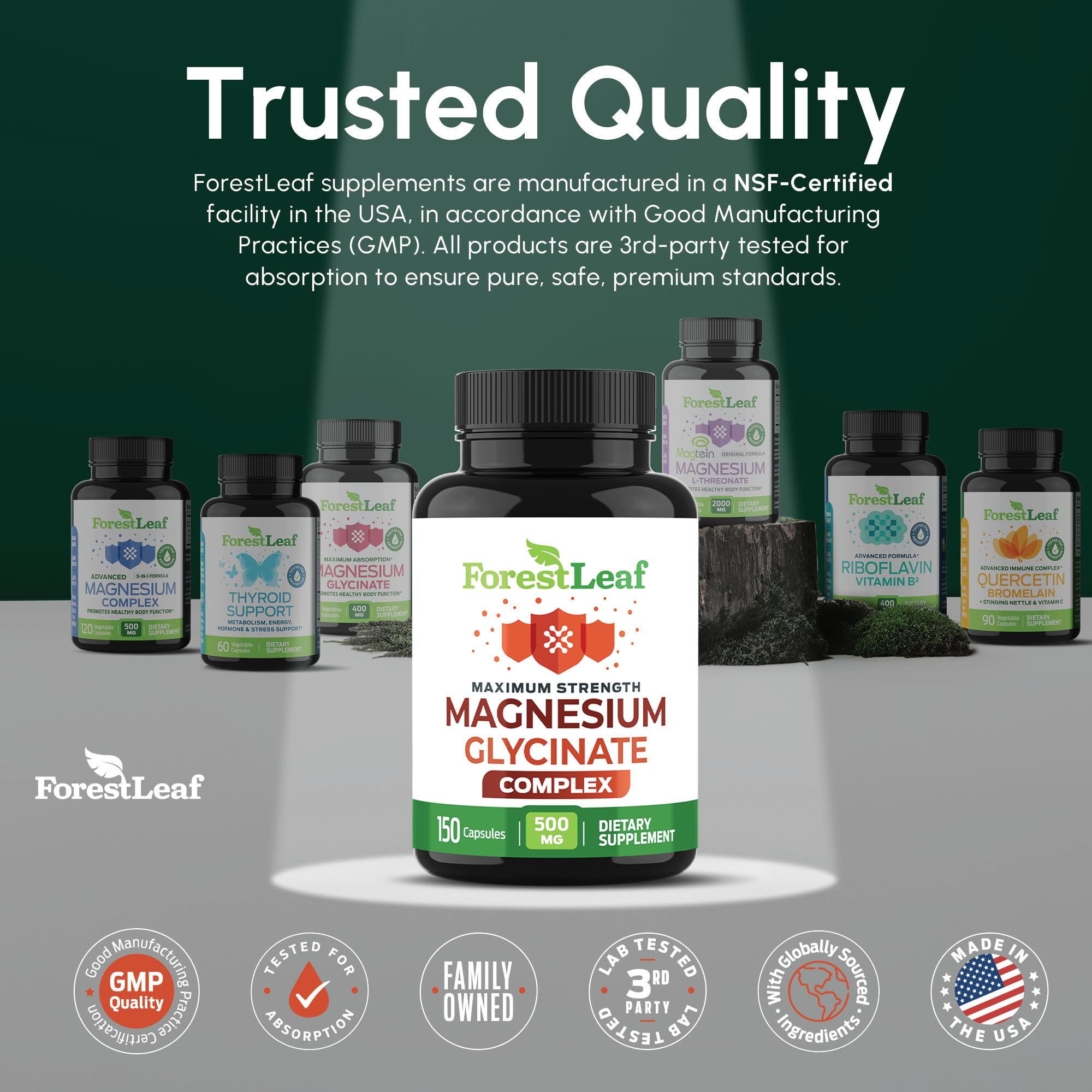 ForestLeaf Magnesium Glycinate Supplement 400mg on a wooden table