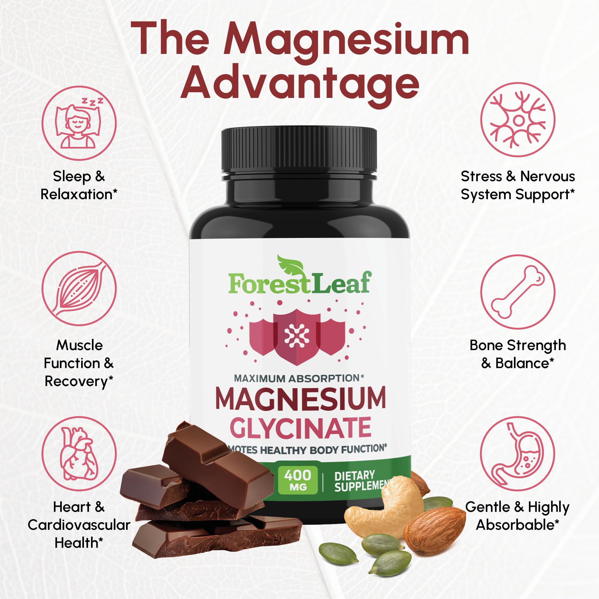 ForestLeaf Magnesium Glycinate Supplement 400mg on a wooden table