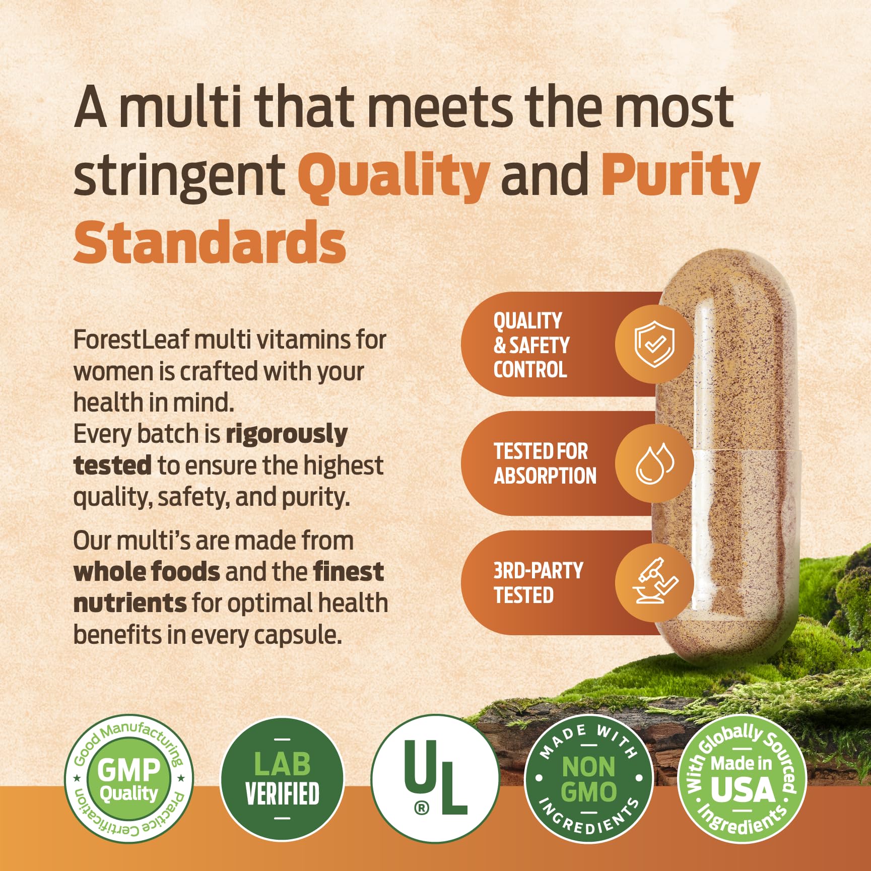ForestLeaf Men's Multivitamin Capsules on a wooden table