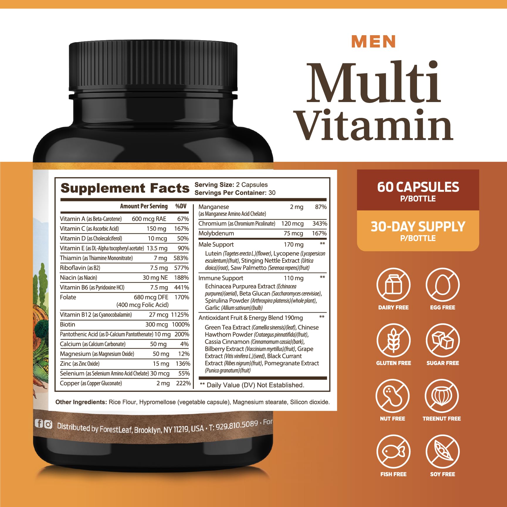 ForestLeaf Men's Multivitamin Capsules with ingredients list