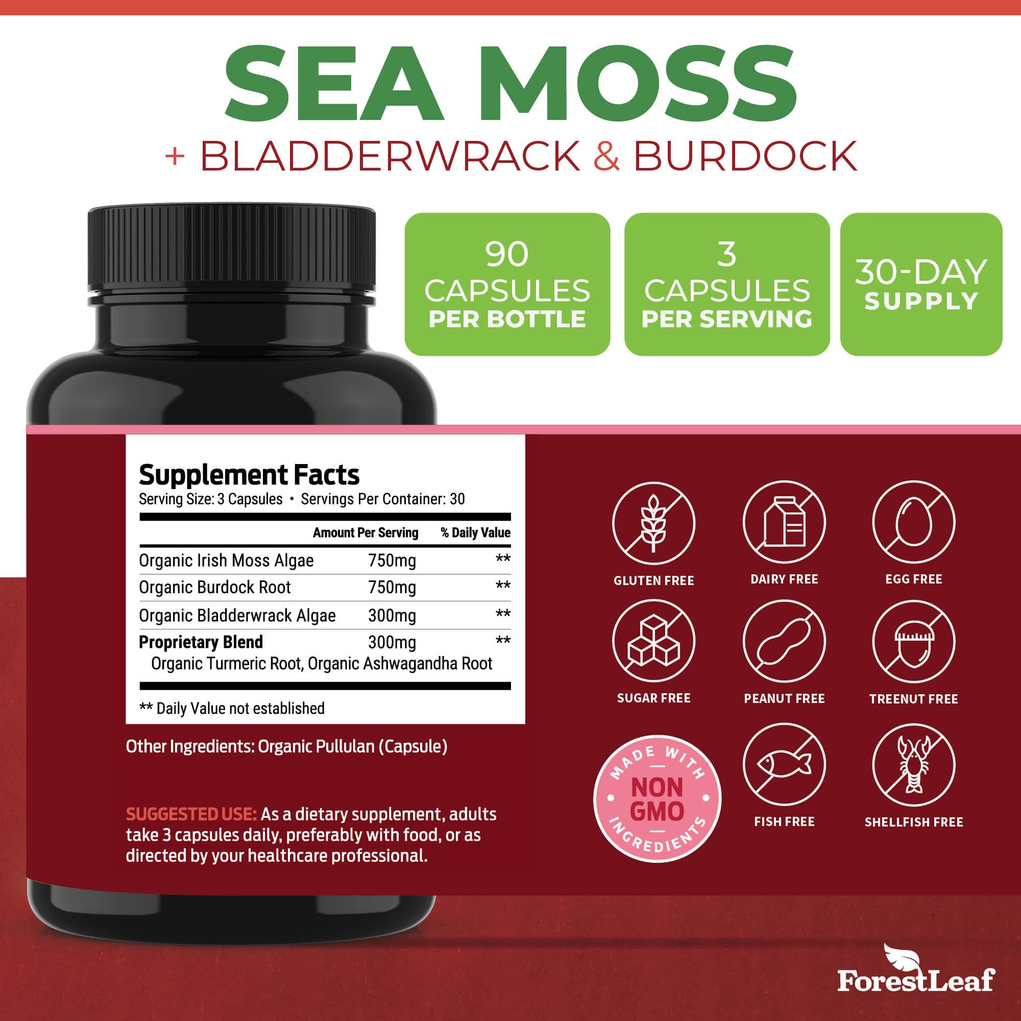 ForestLeaf Organic Sea Moss Capsules 750mg bottle with label