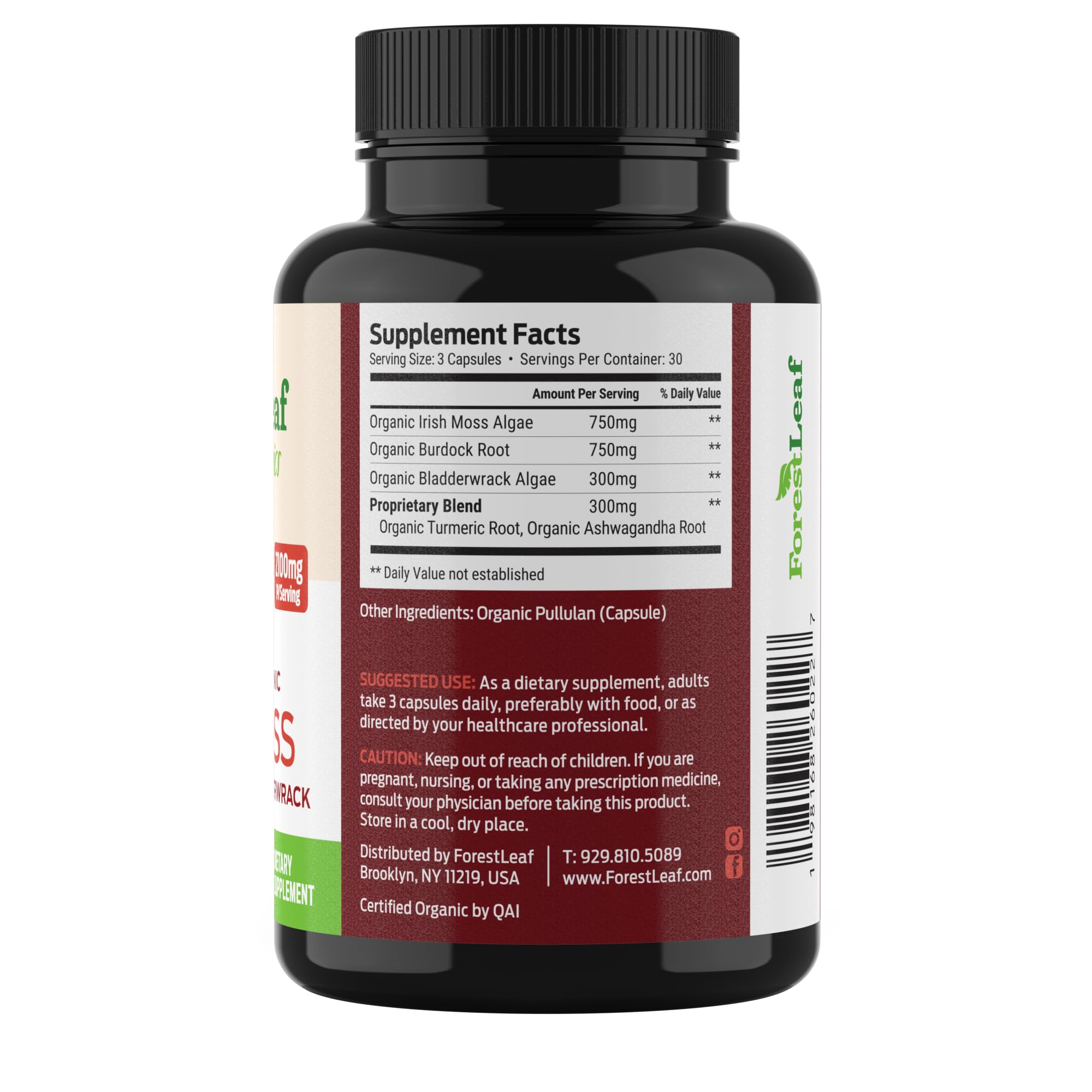 ForestLeaf Organic Sea Moss Capsules 750mg packaging details