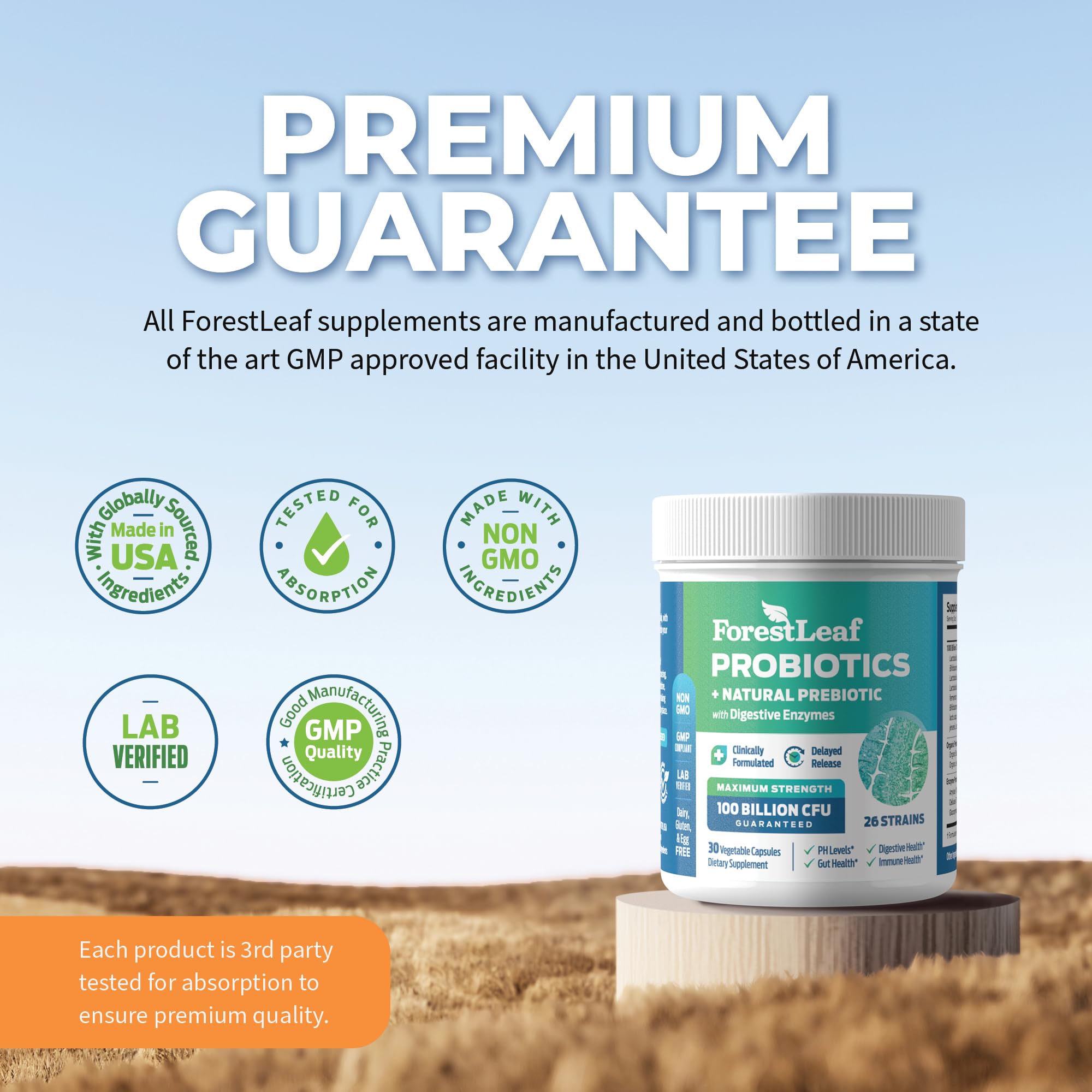 ForestLeaf Probiotics & Prebiotics 100 Billion CFU with a glass of water