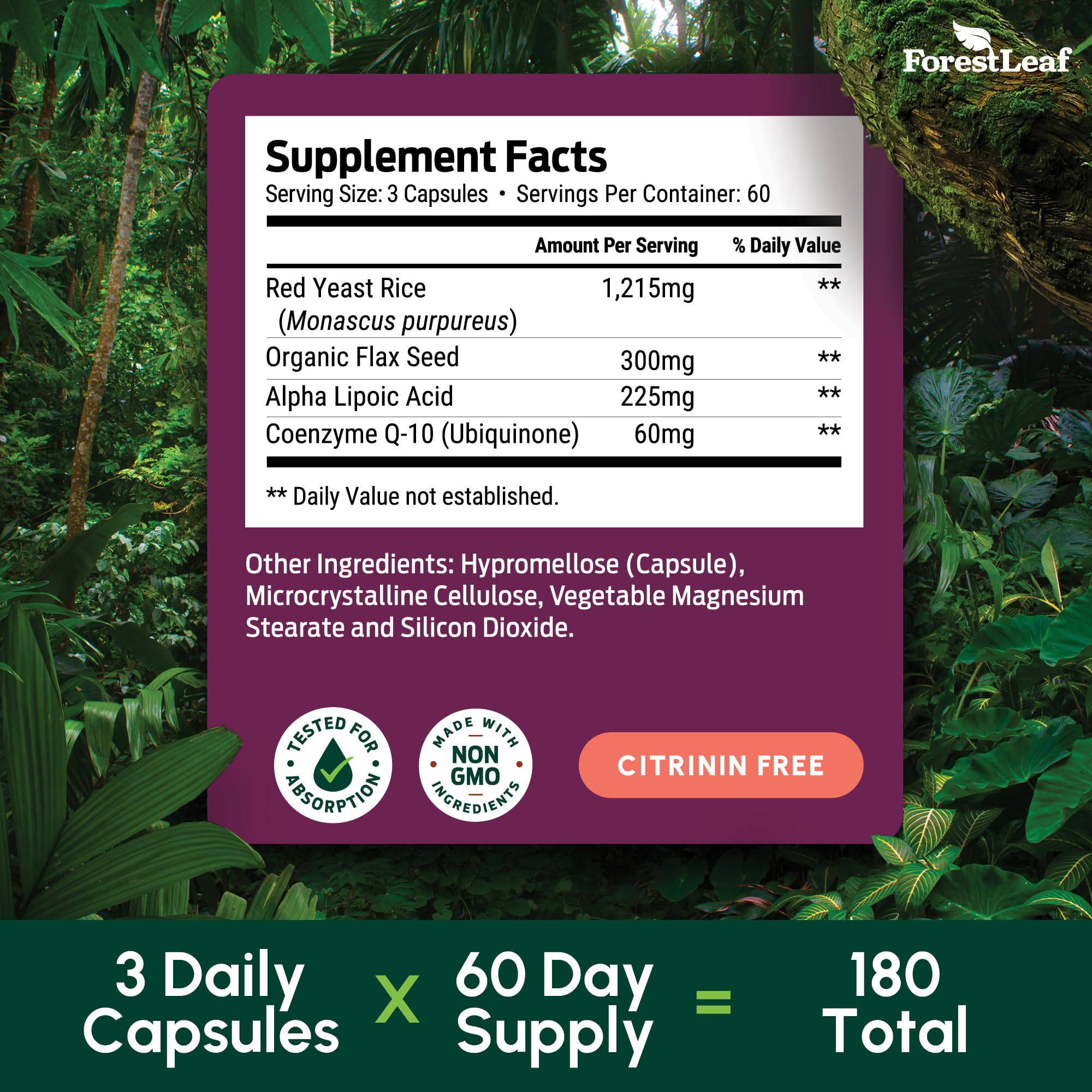 ForestLeaf Red Yeast Rice capsules bottle with label