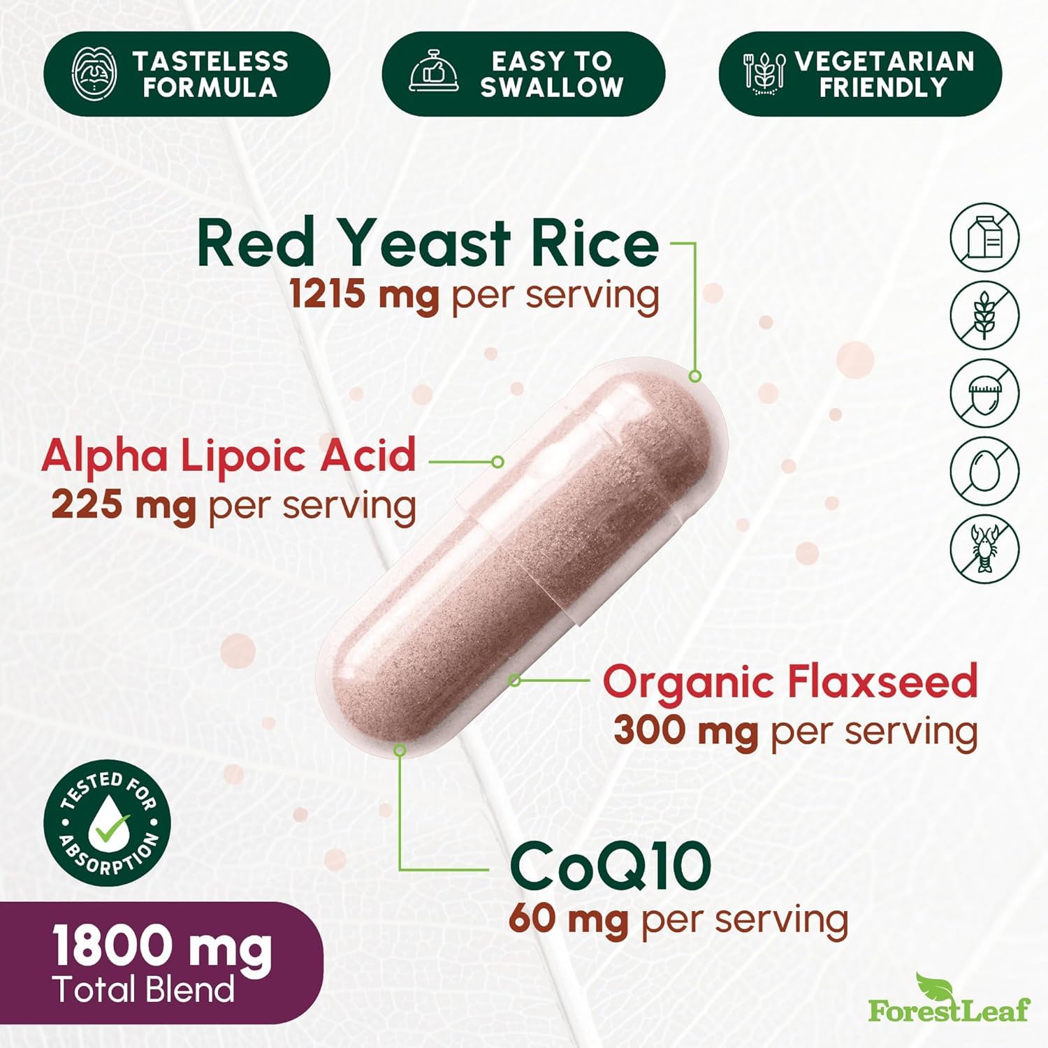 ForestLeaf Red Yeast Rice capsules with ingredients