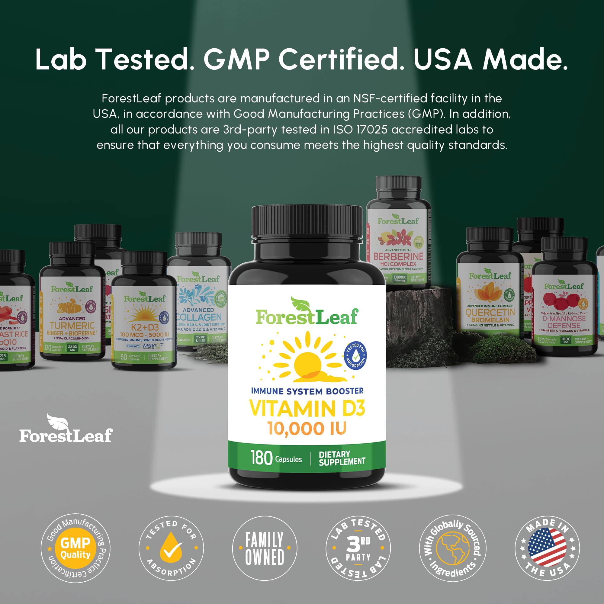 ForestLeaf Vitamin D3 10000 IU capsules in a hand
