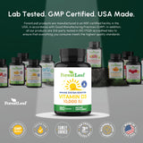 ForestLeaf Vitamin D3 10000 IU capsules in a hand