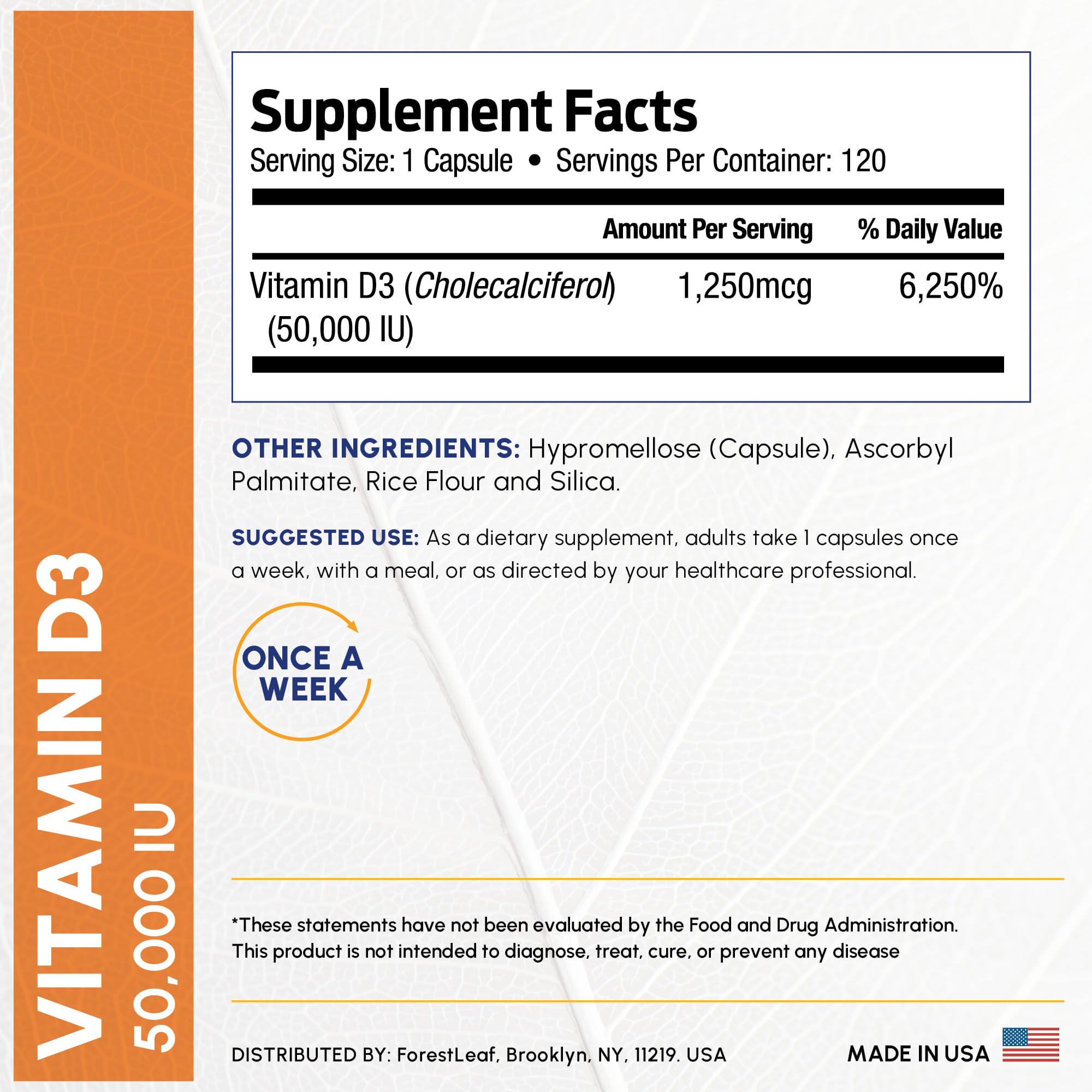 ForestLeaf Vitamin D3 50,000 IU capsules on a wooden table