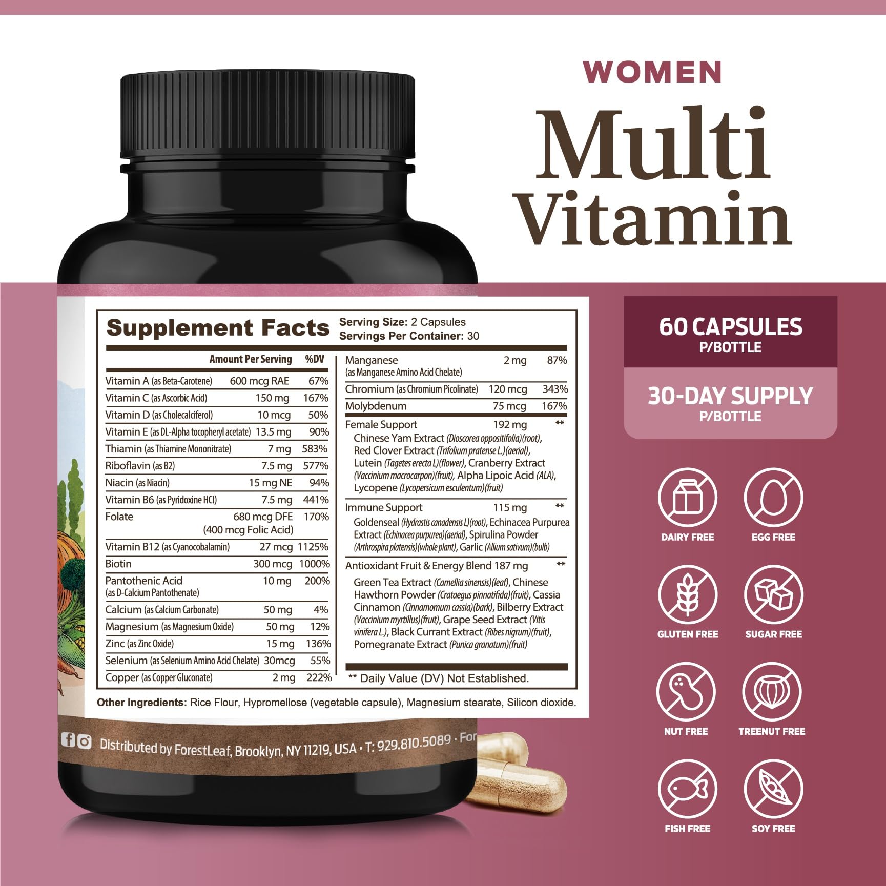 ForestLeaf Women's Multivitamins capsules on a wooden surface