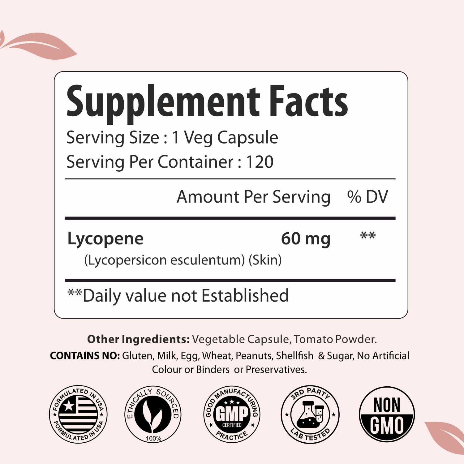 ForestVibe Lycopene Supplement 60mg back view showing ingredients