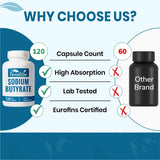 ForestVibe Sodium Butyrate Capsules with a measuring spoon
