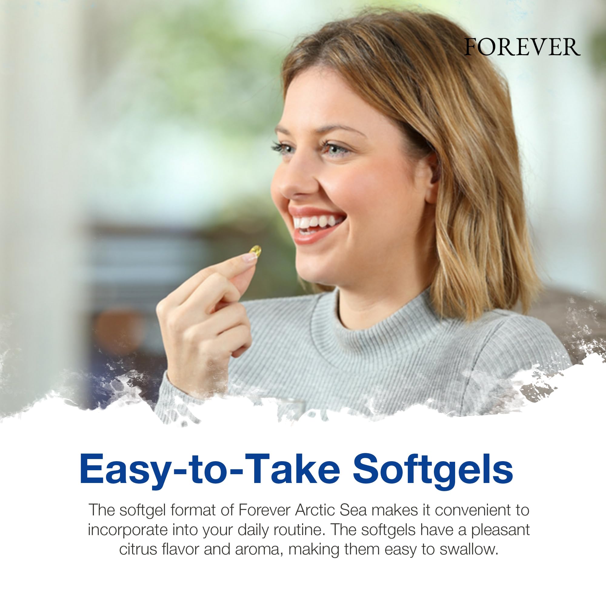 Forever Arctic Sea Omega-3 softgels lifestyle scene with bottle