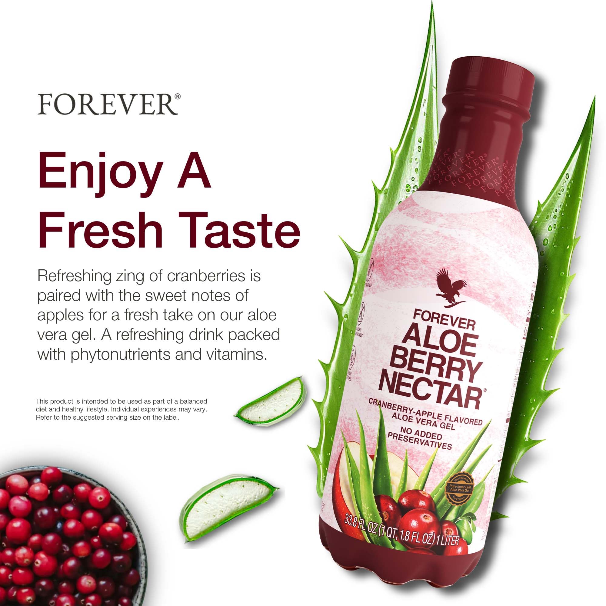 Forever Living Aloe Berry Nectar 570g bottle with cranberries and apples