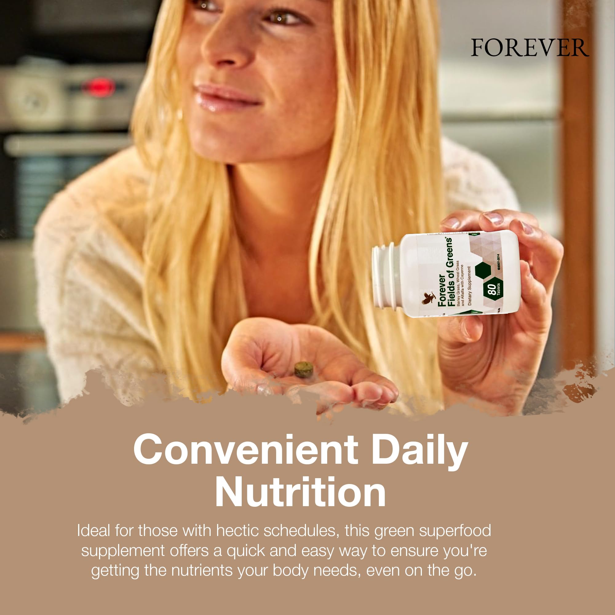 Forever Living Fields of Greens Alfalfa Supplement in a spoon