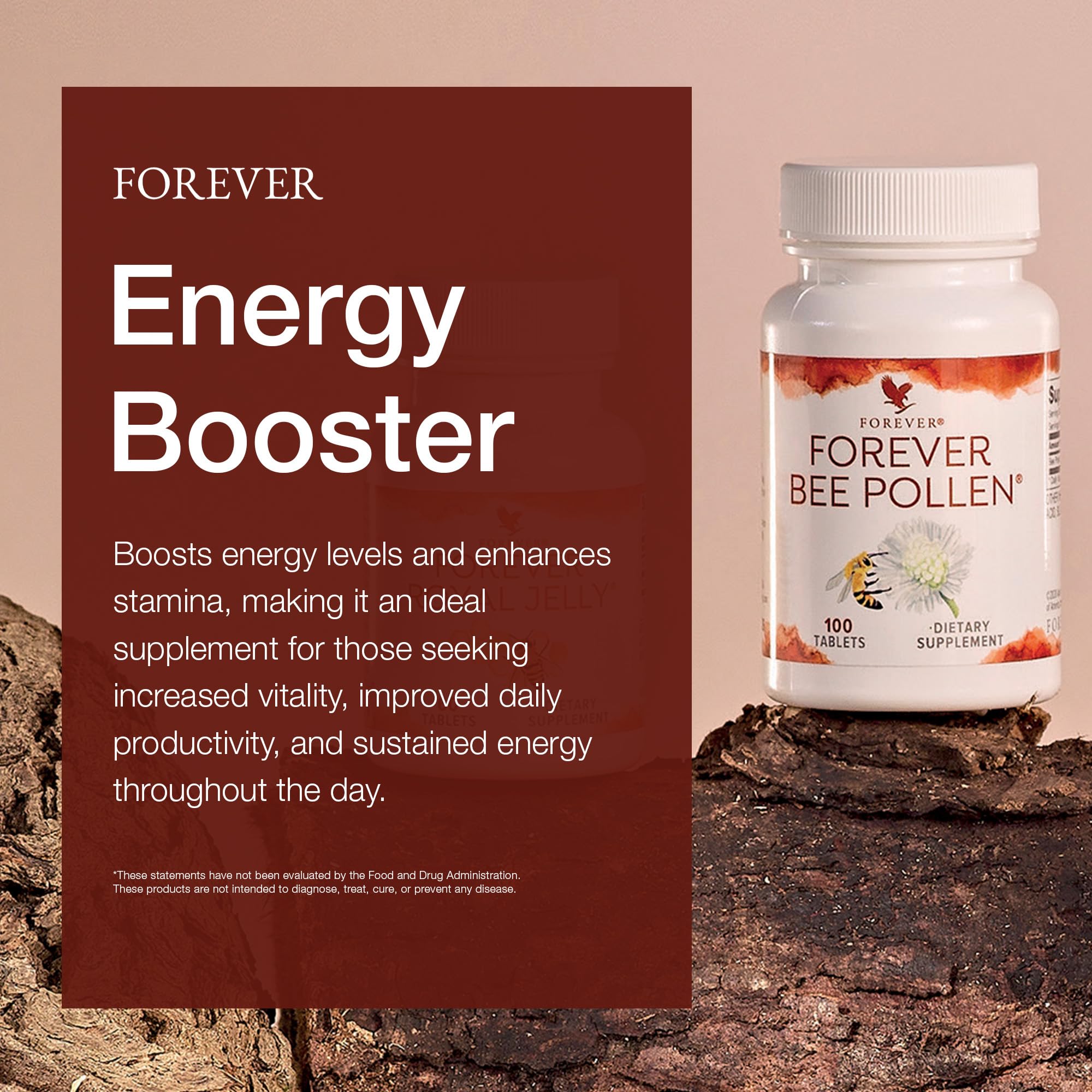 Forever Living Products Bee Pollen and Honey Tablets on a wooden surface
