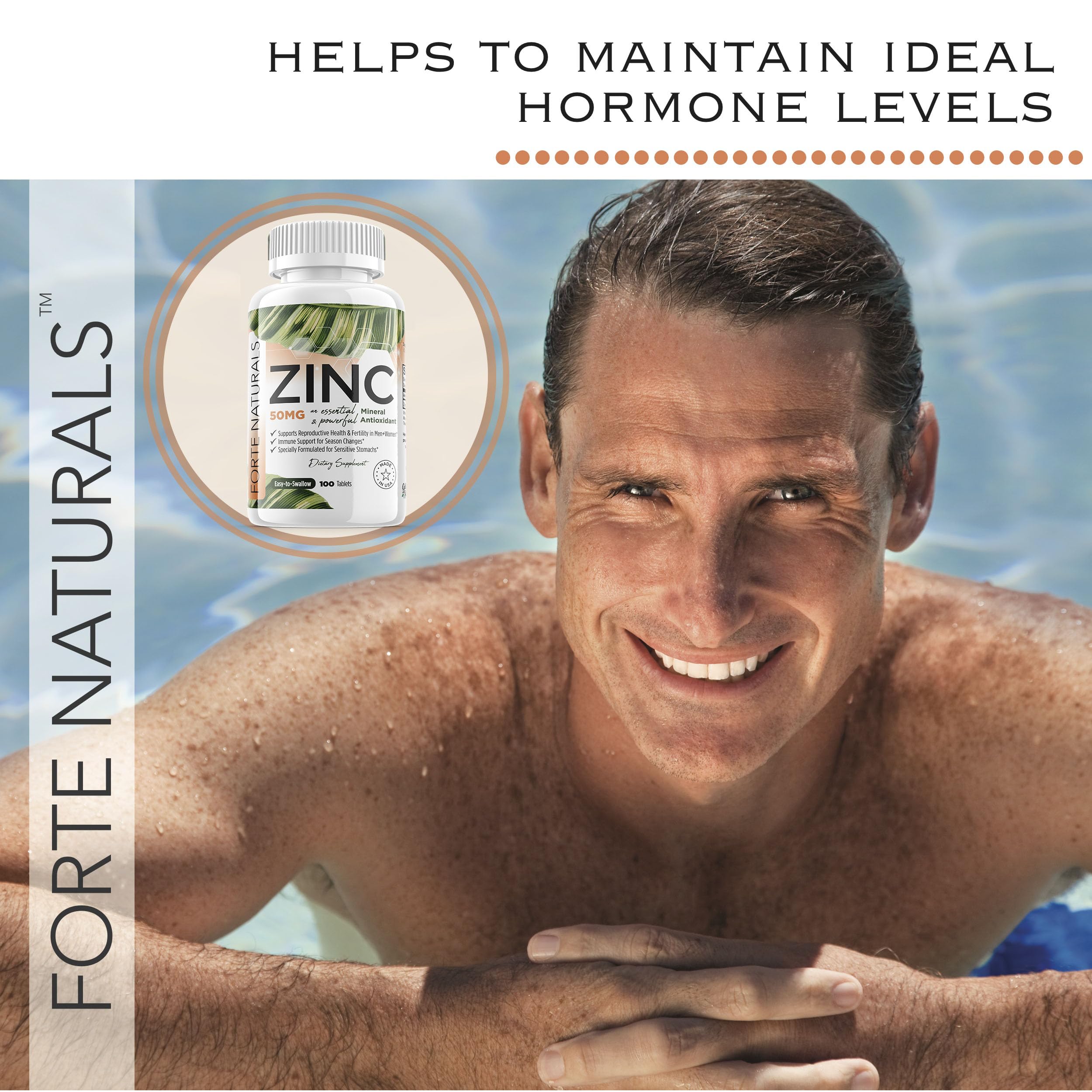 FORTE NATURALS Zinc 50mg Tablets on a wooden table