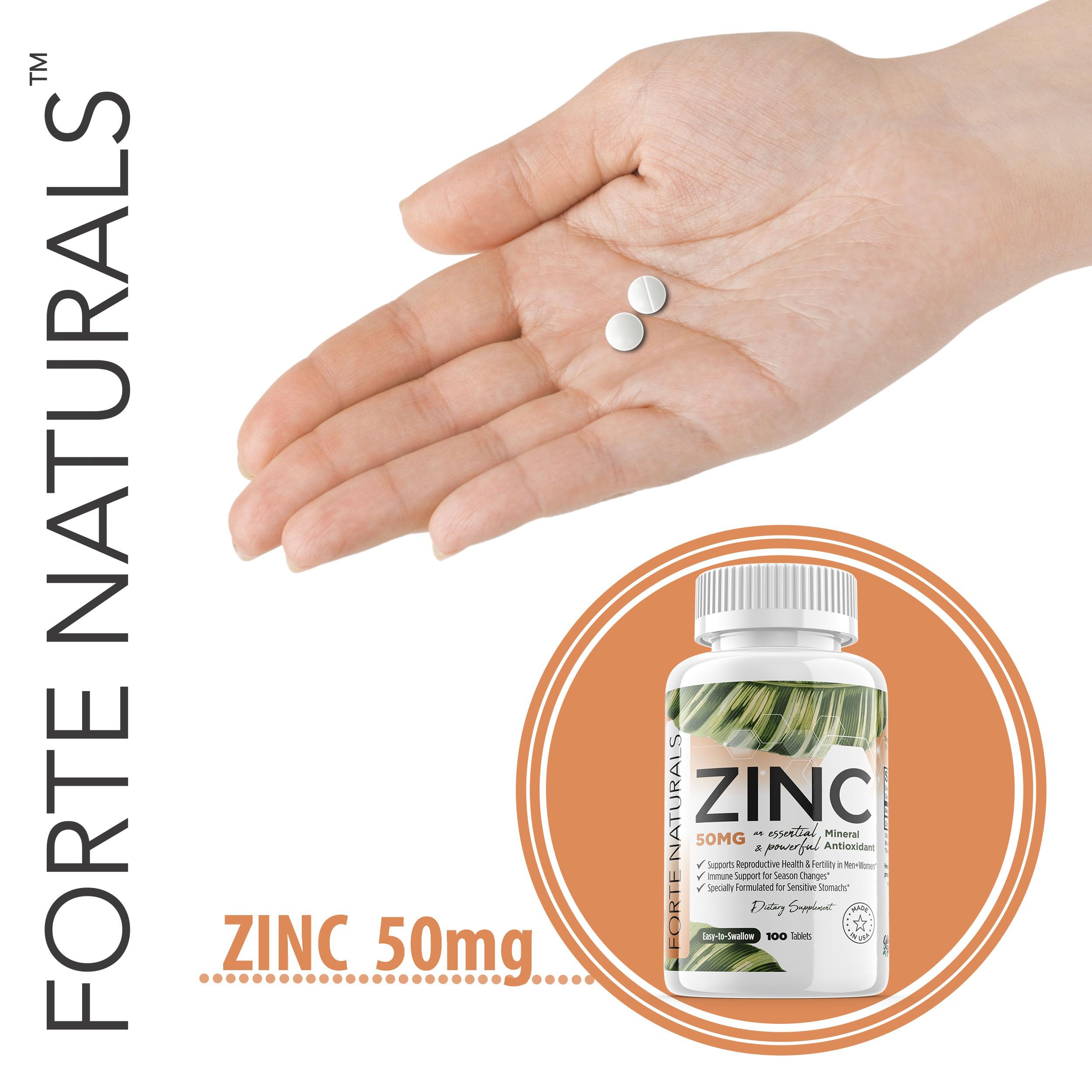 FORTE NATURALS Zinc 50mg Tablets with a glass of water