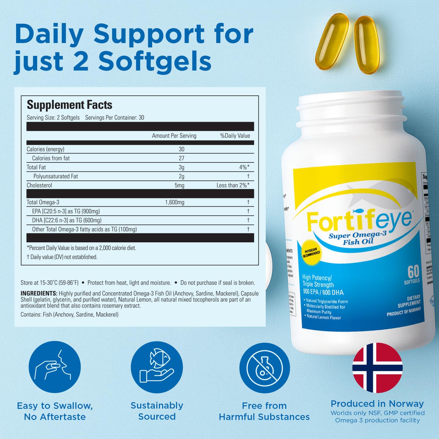 Fortifeye Vitamins Super Omega-3 Fish Oil 1600mg softgels on a wooden table