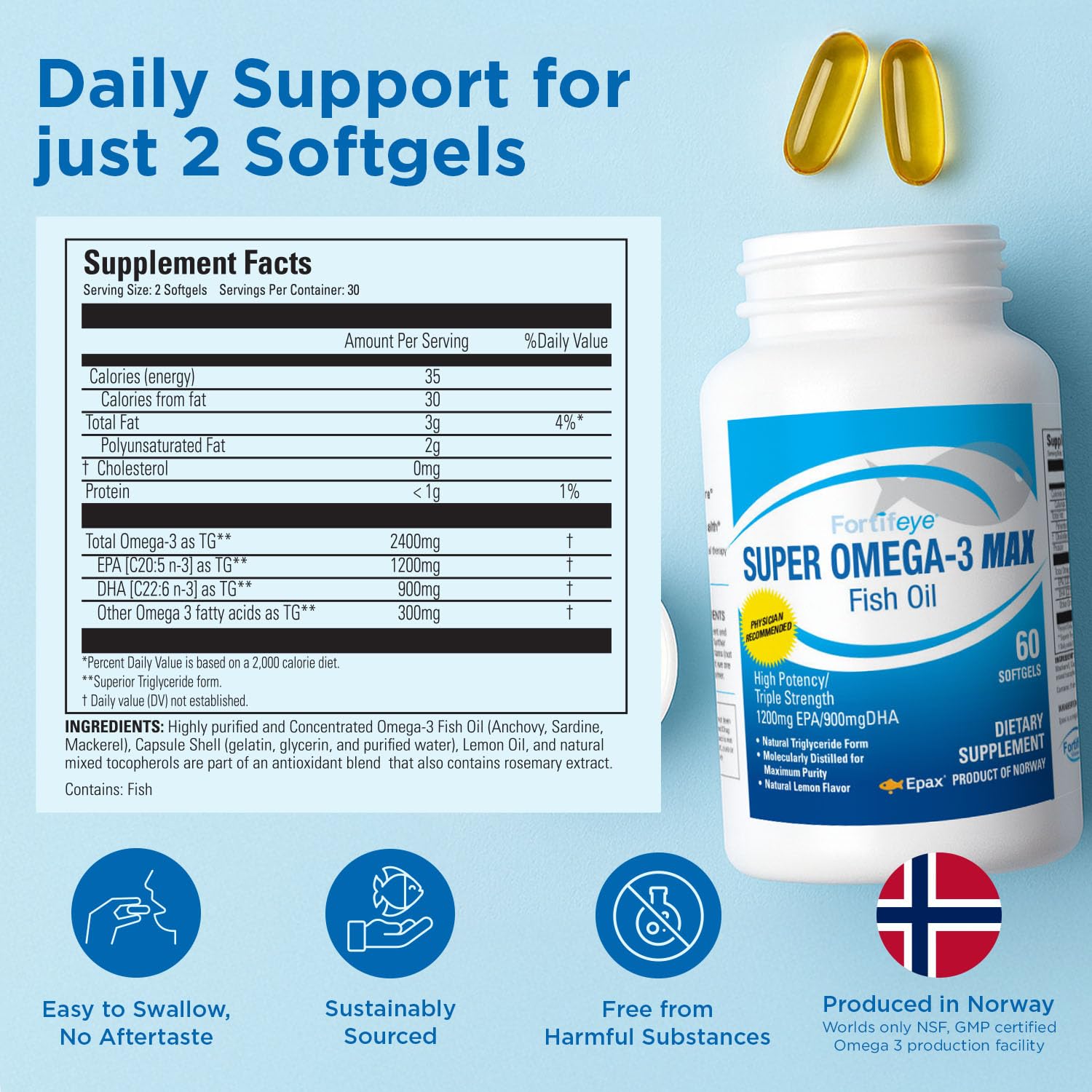 Fortifeye Vitamins Super Omega-3 Max Fish Oil 2400mg softgel with natural lemon flavour