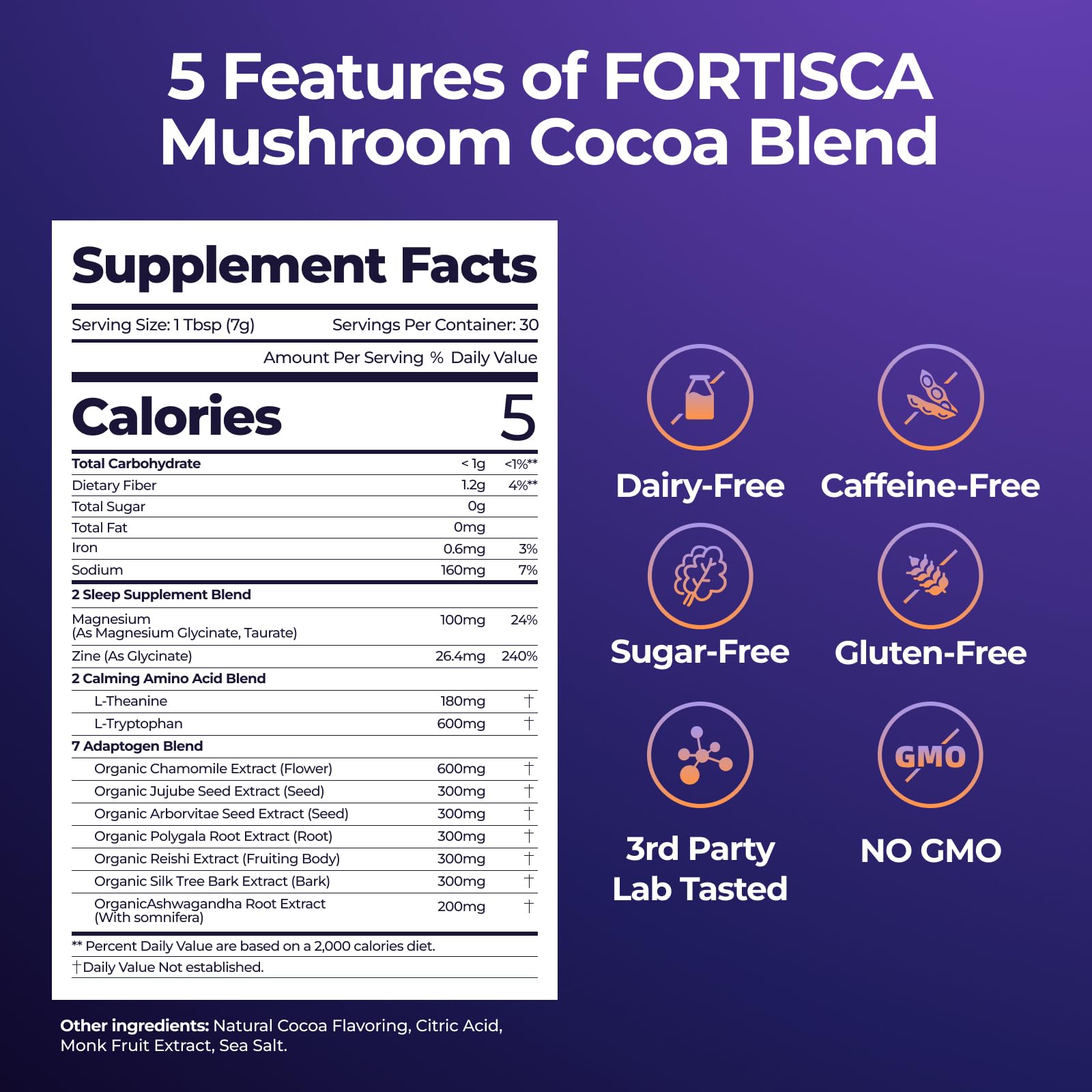 FORTISCA Mushroom Hot Cocoa back view with nutritional information