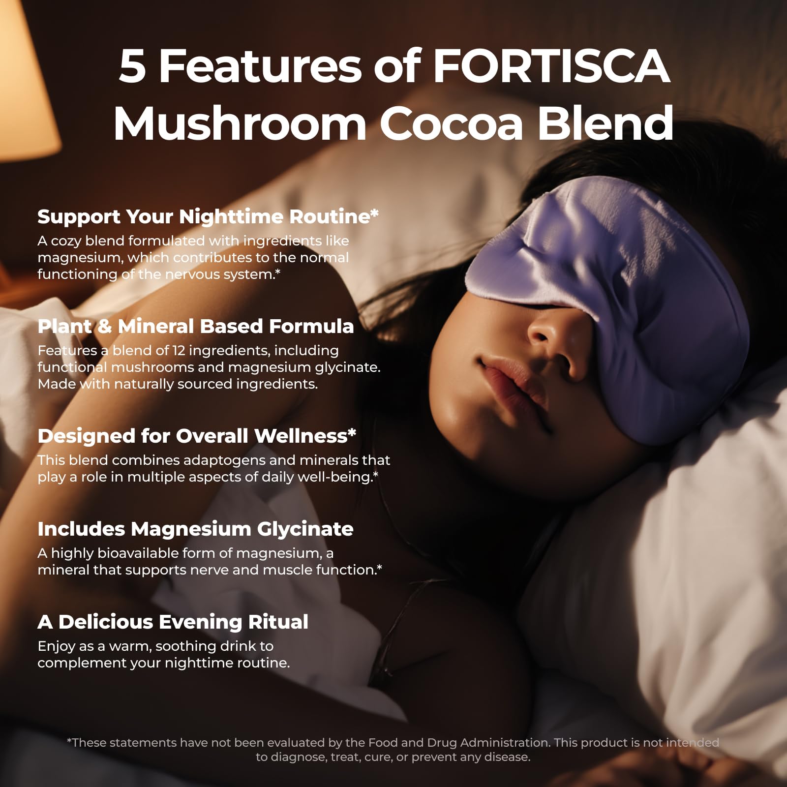 FORTISCA Mushroom Hot Cocoa side view with nutritional information