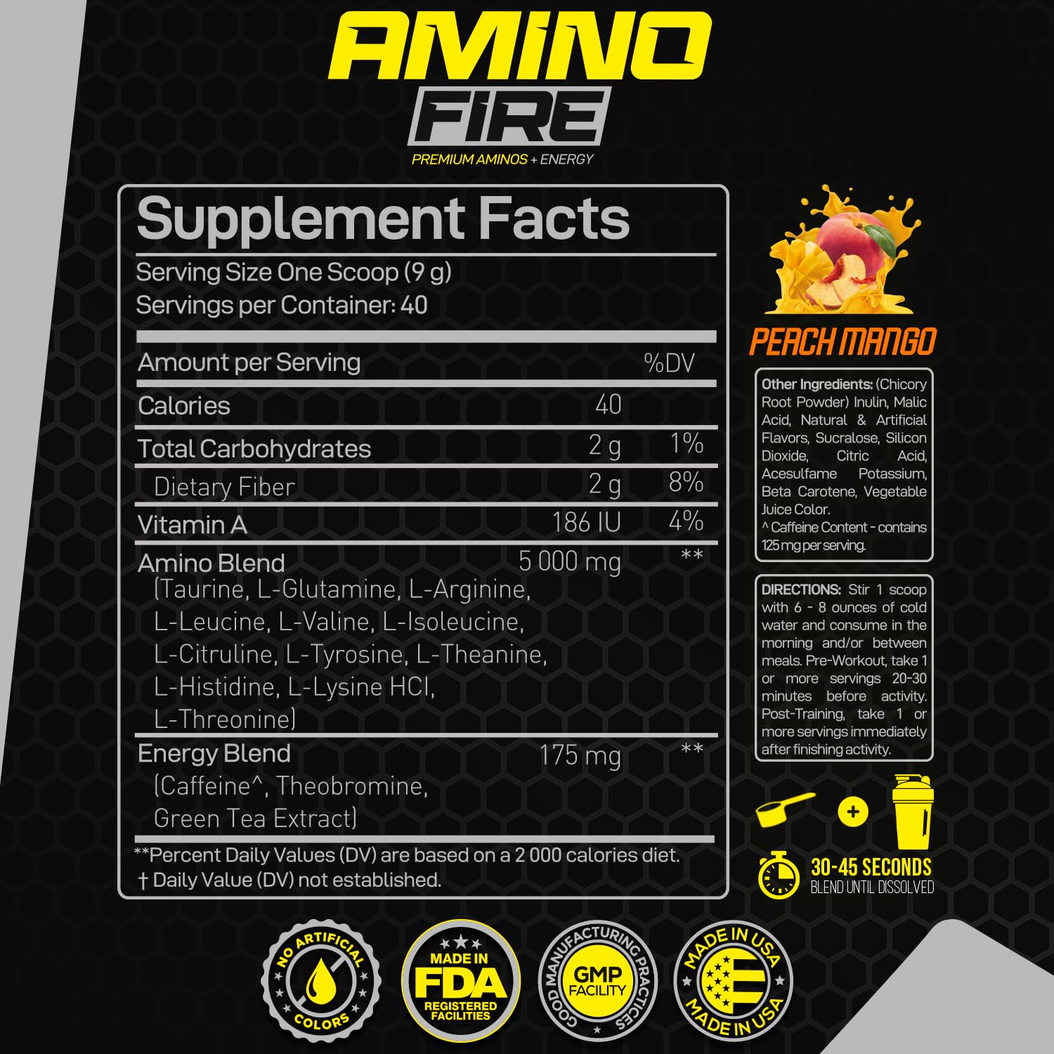 Forzagen Amino Fire BCAA Supplement 360g Peach Mango nutritional information