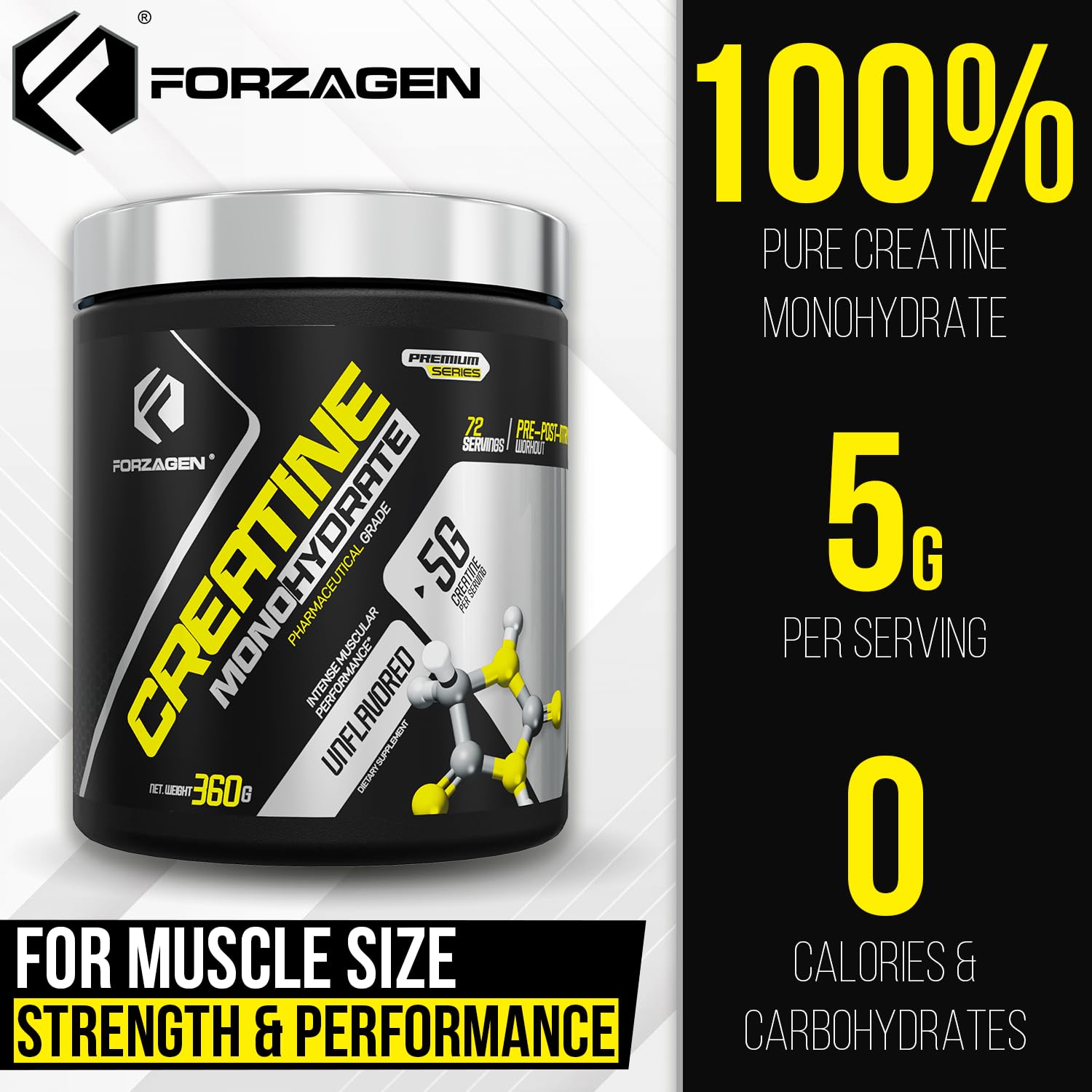 Forzagen Creatine Monohydrate Powder 360g side view