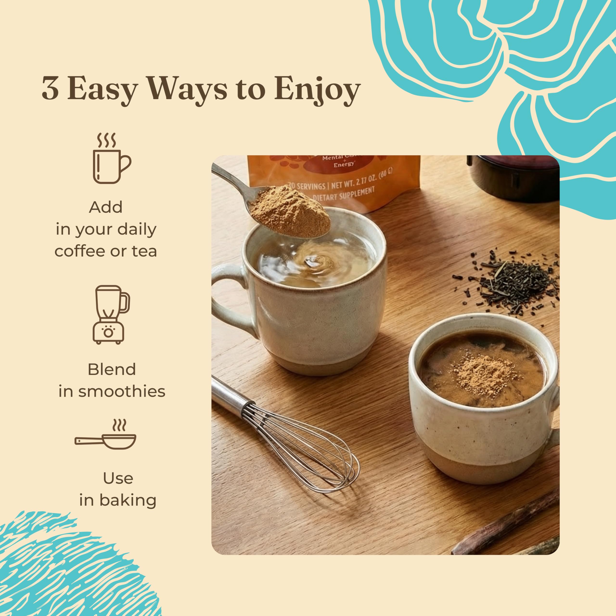 Four Sigmatic Adaptogen Blend 70g with a spoon and herbs around