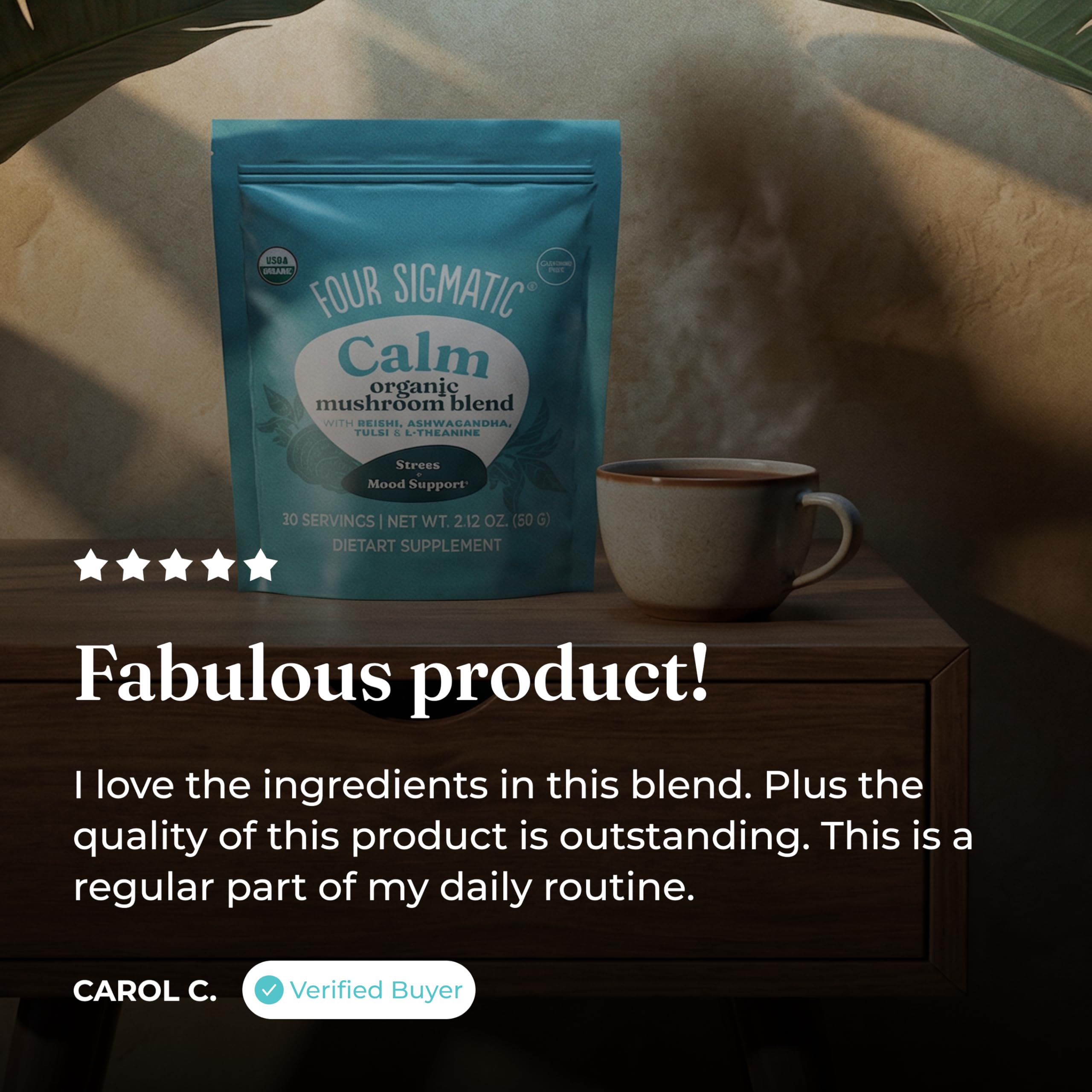 Four Sigmatic Adaptogen Blend mixed in a cup of tea