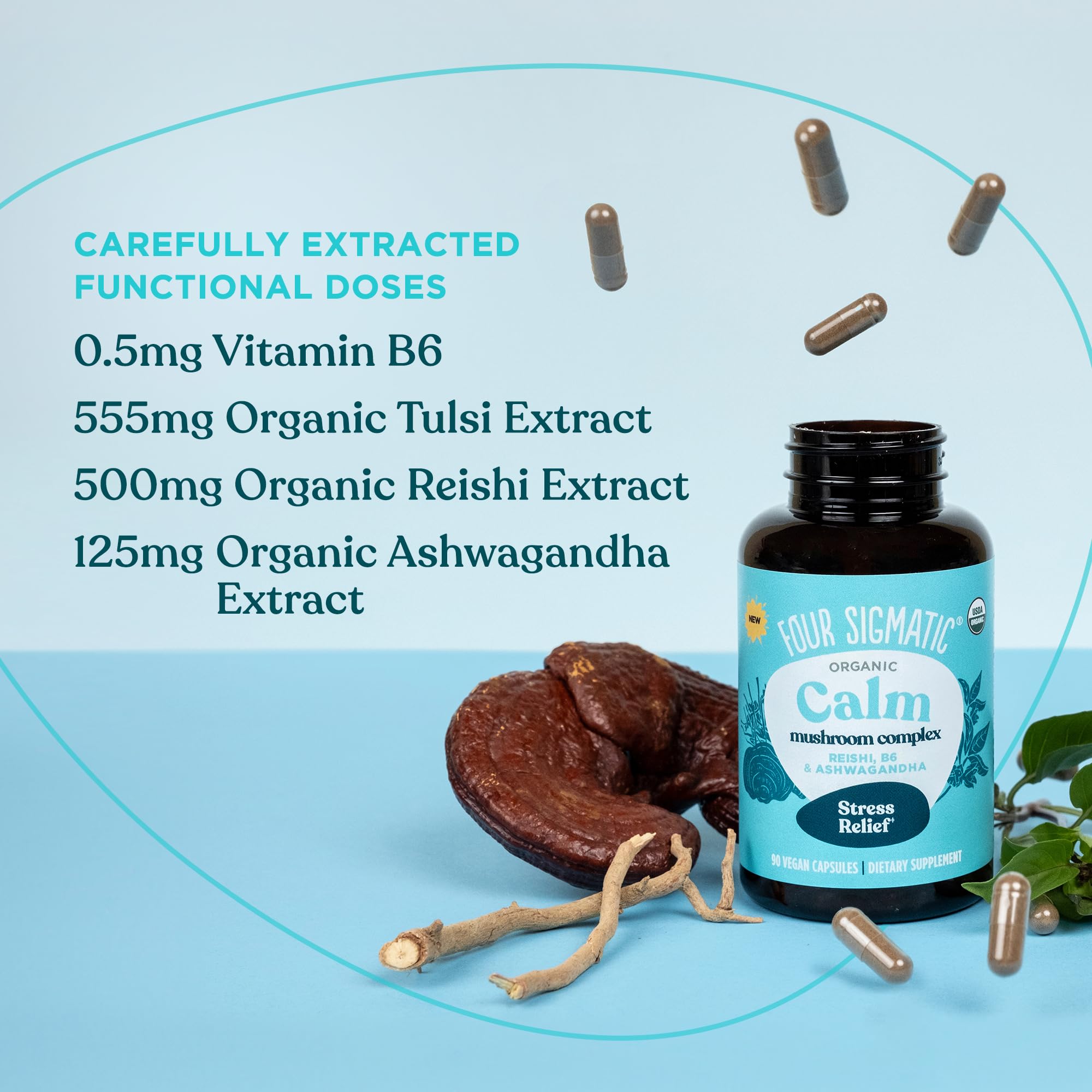 Four Sigmatic Calm Capsules lifestyle scene on a wooden table