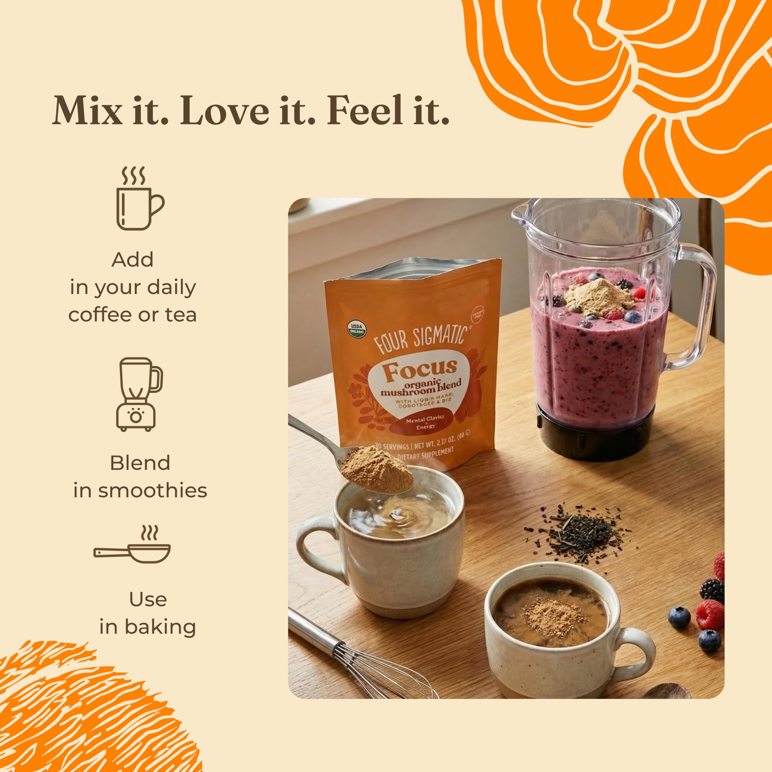 Four Sigmatic Focus Blend Mushroom Powder in a bowl with ingredients
