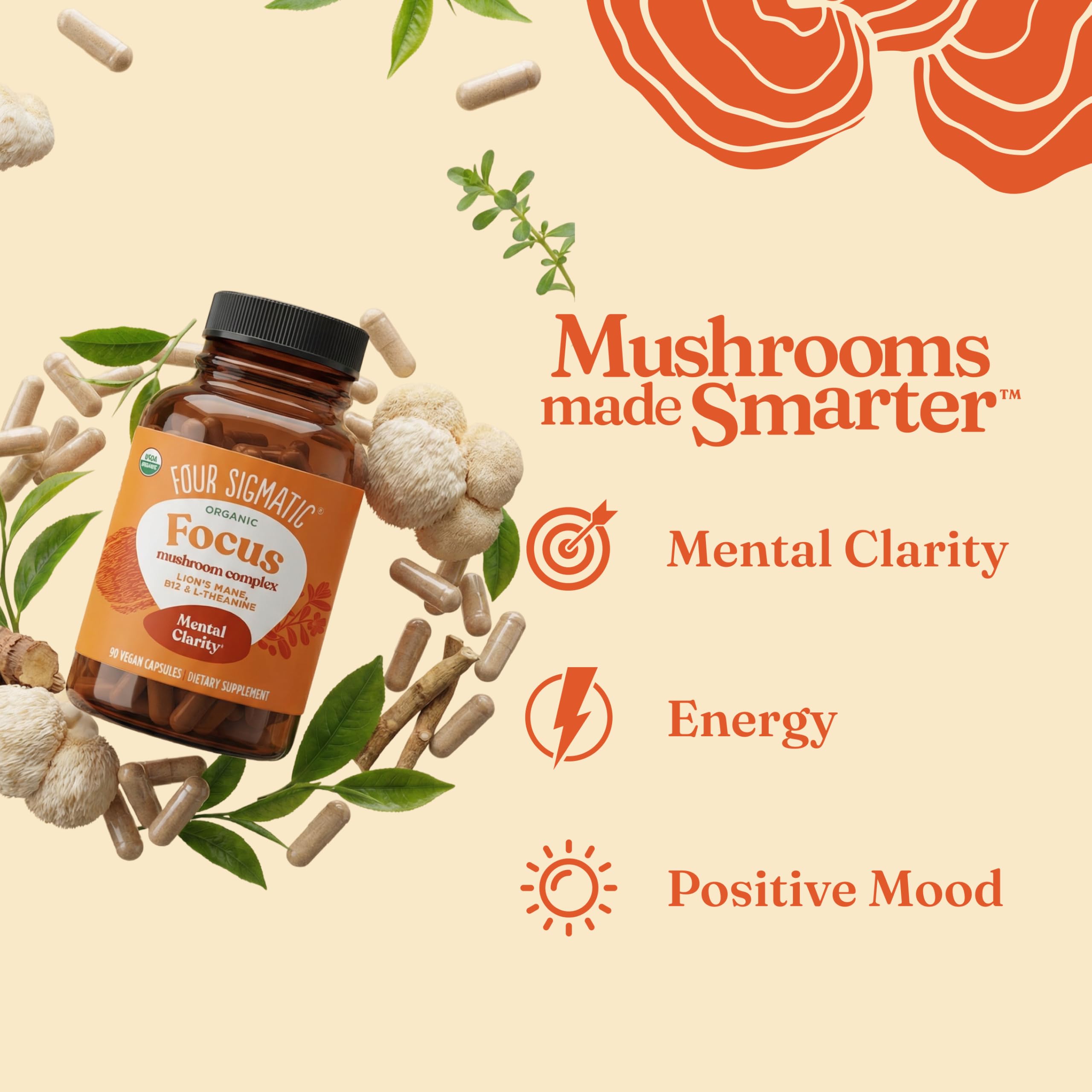 Four Sigmatic Focus Capsules showing side view and ingredients