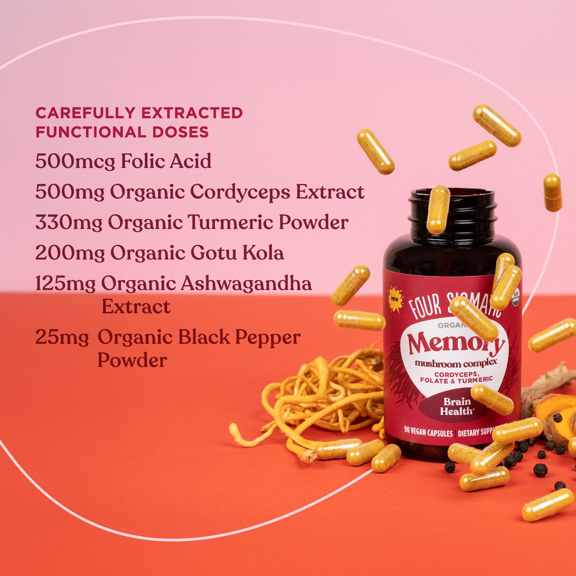 Four Sigmatic Memory Capsules lifestyle scene on a wooden table