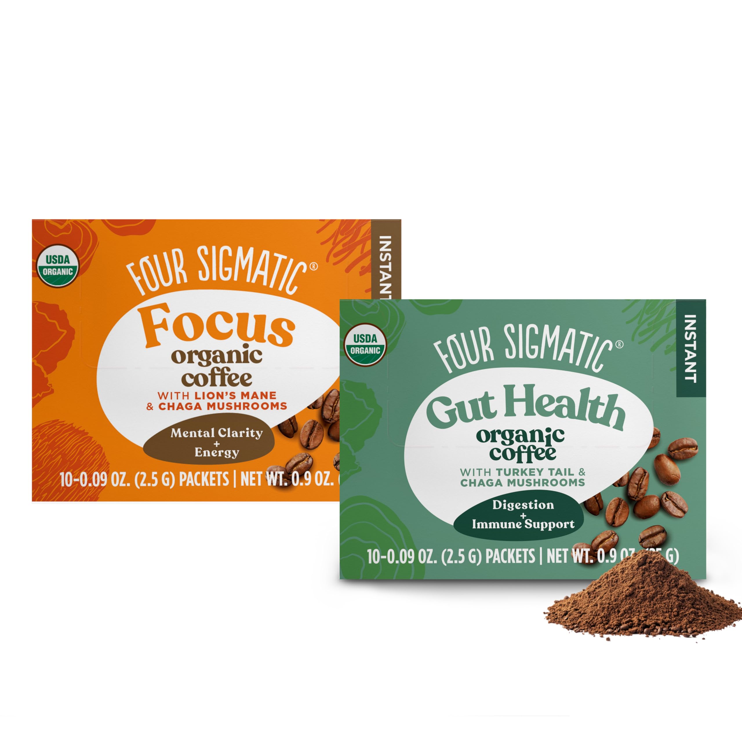 Four Sigmatic Mushroom Coffee Mix Pack front view with Lion's Mane and Chaga