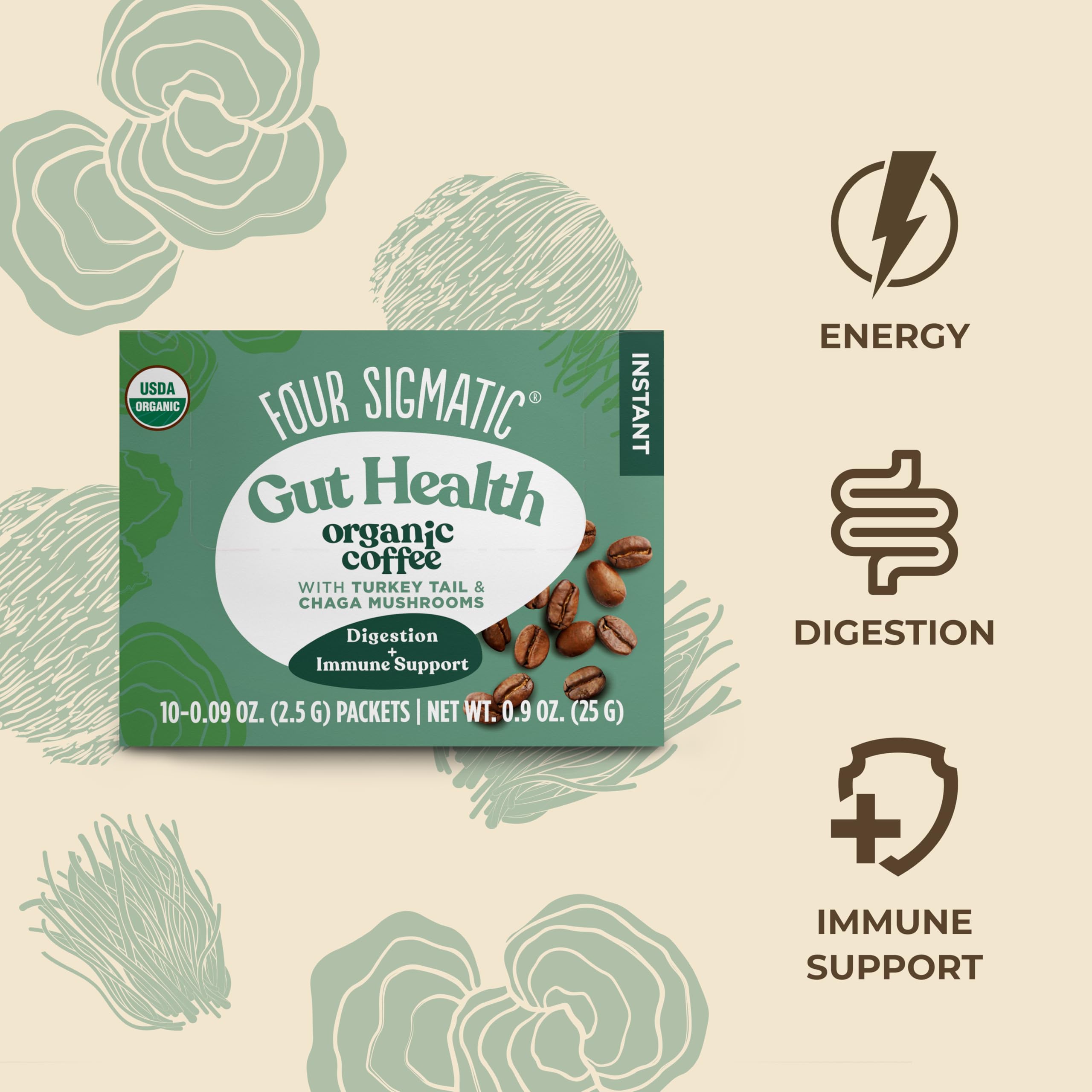 Four Sigmatic Mushroom Coffee Mix Pack lifestyle scene with coffee cup