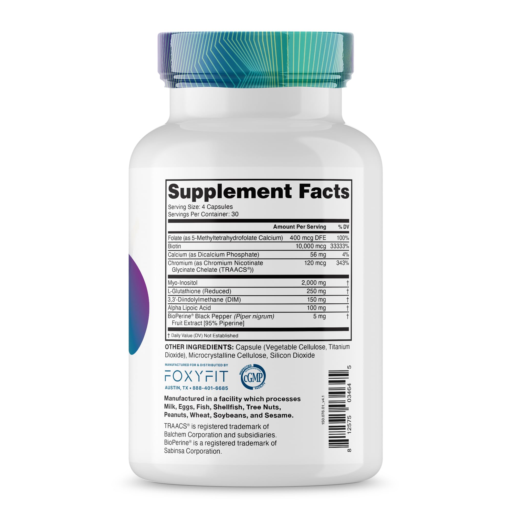 FoxyFit Essential Balance supplement back view with ingredient list