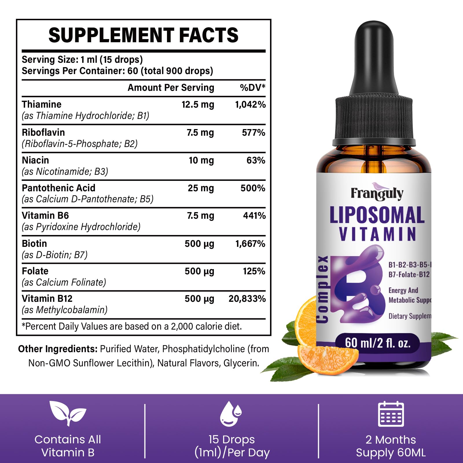 Franguly B-Complex Liquid Drops 60ml in a glass of water