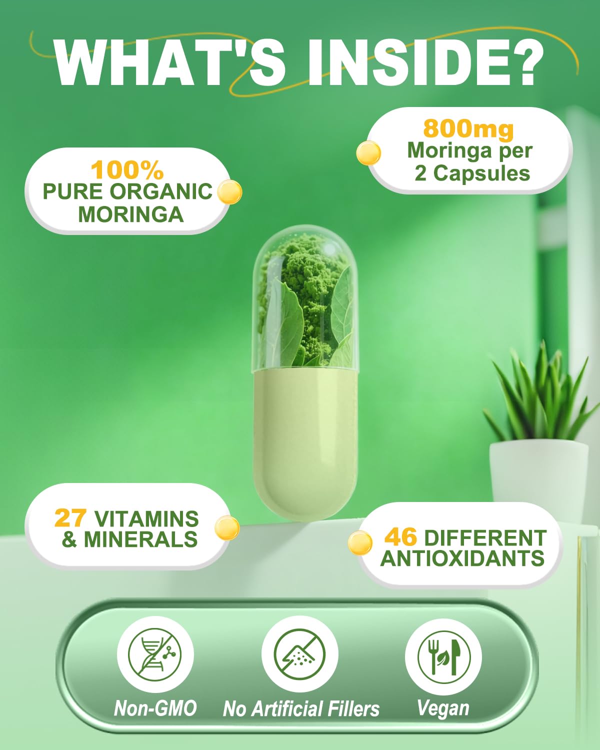 Fravonique Moringa Capsules 800mg back view with ingredients