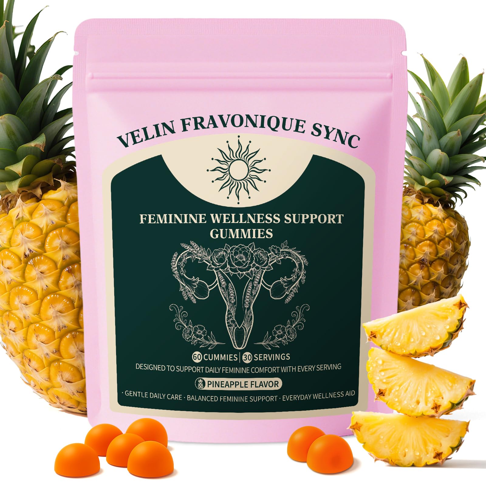 Fravonique Women's Wellness Gummies front view with tropical pineapple flavour