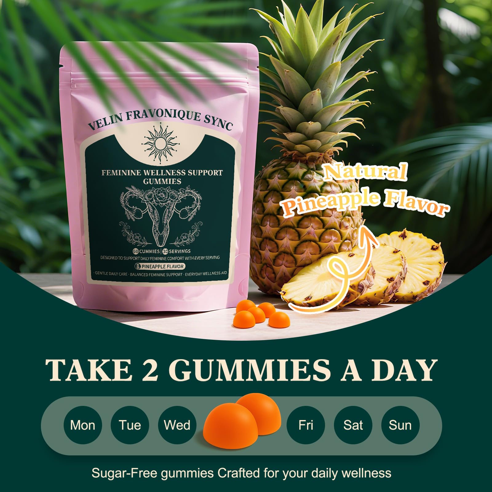 Fravonique Women's Wellness Gummies with a tropical background