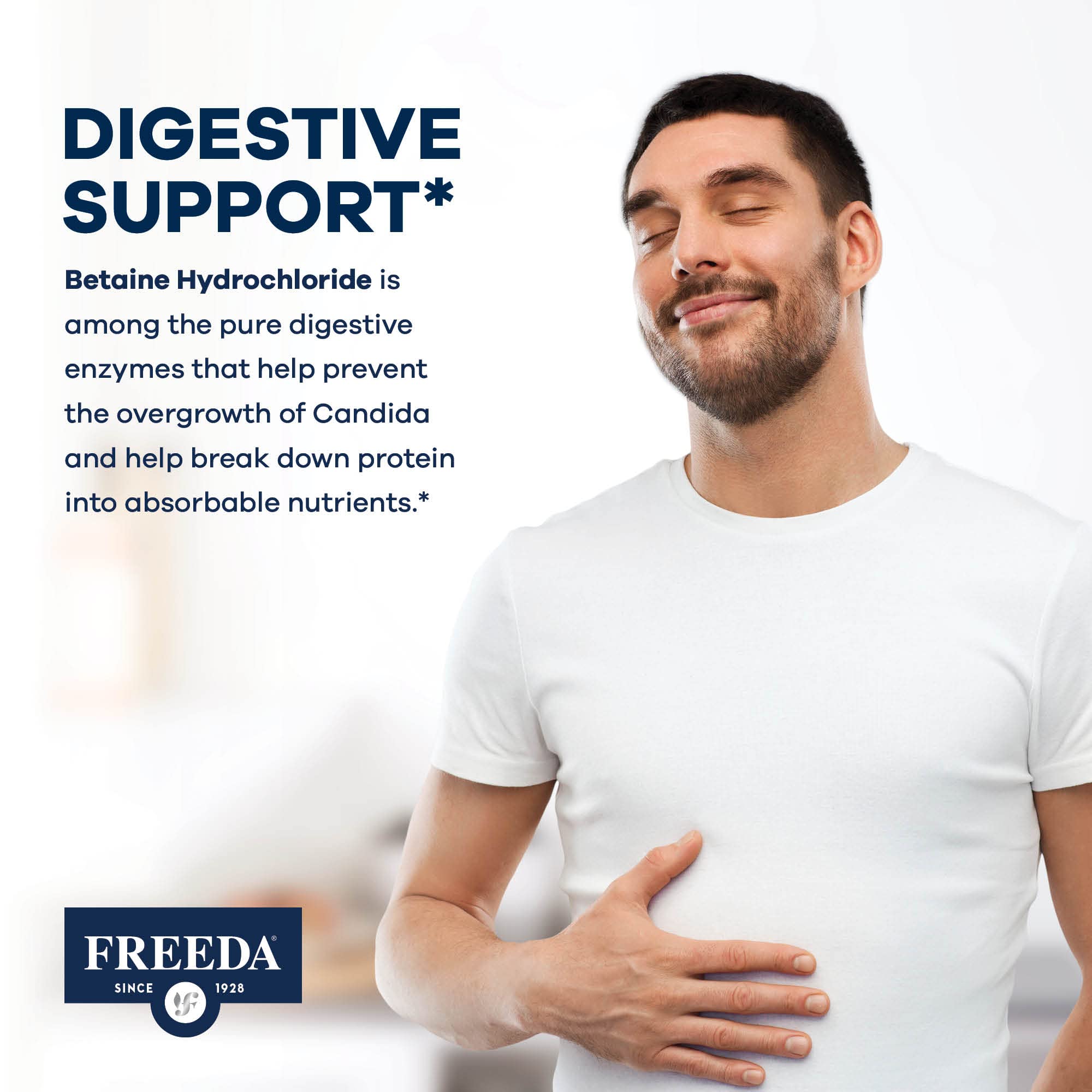 FREEDA Betaine HCl Multi-Enzyme Supplement capsules close-up
