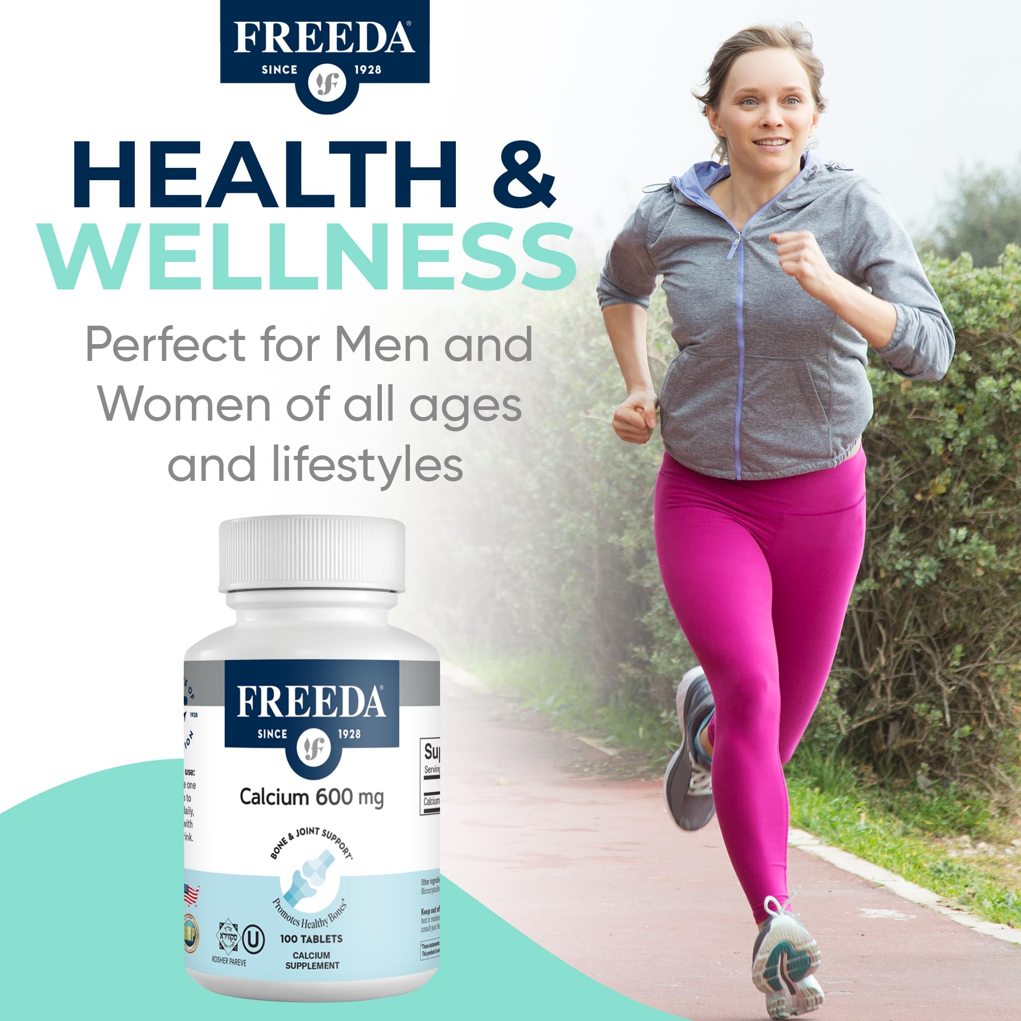 FREEDA Calcium Tablets 600mg displayed with other supplements